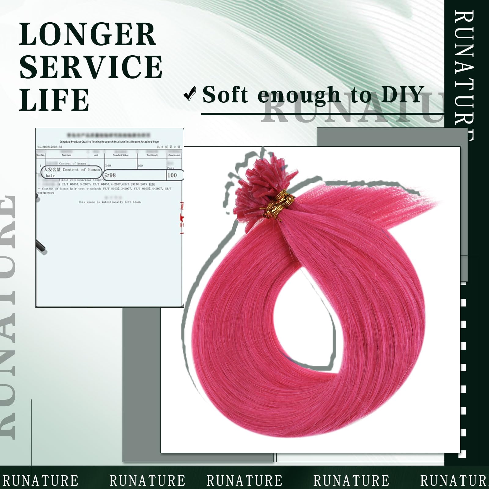 RUNATURE Extension Capelli Veri Cheratina Rosa 35cm 20g 25s Remy Extensions Capelli Veri Lisci #HotPink