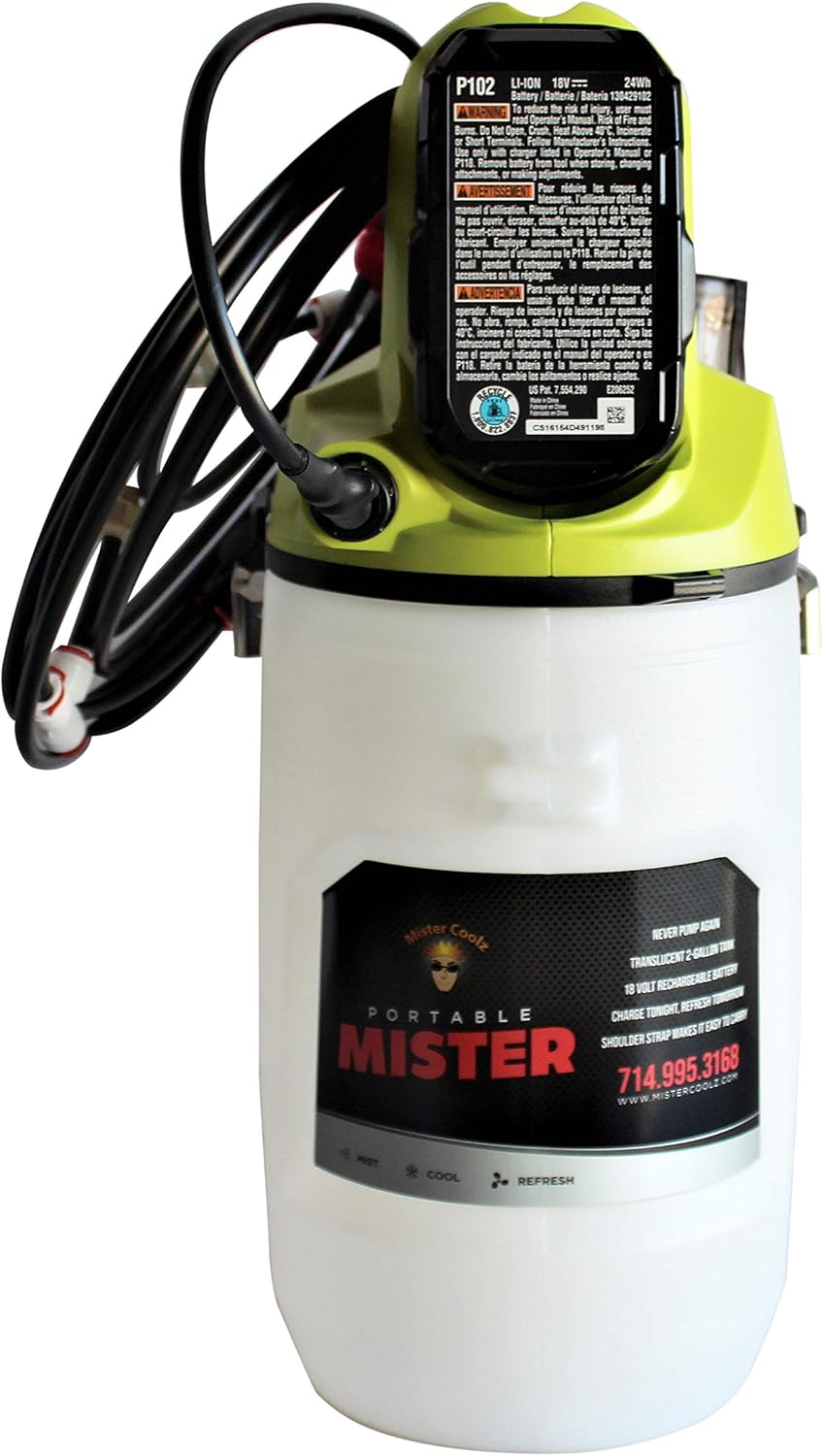 18 Volt 2 Gallon Outdoor Mister, Portable Mister, Cordless Mister, Battery Powered Rechargeable Mister, Water Mister, Outdoor Misting System, Cooling Outdoor (Battery & Charger Included)
