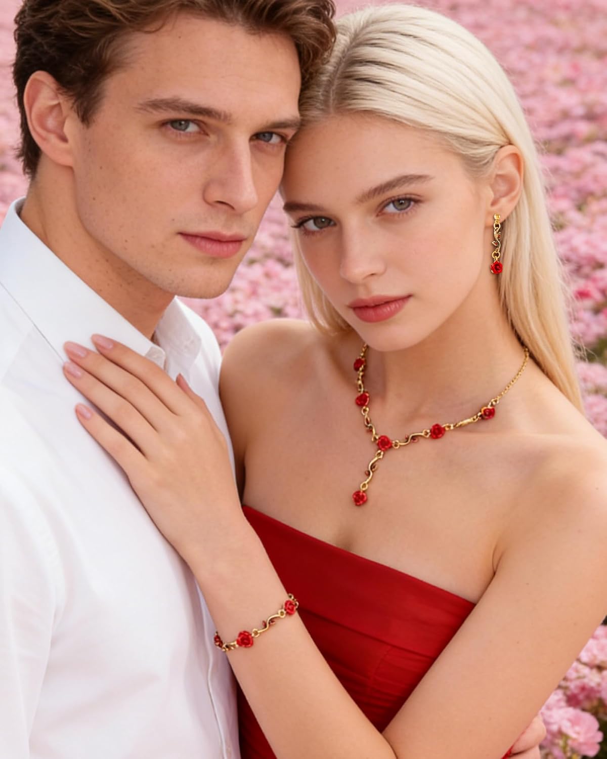 Red Rose Necklace Earrings and Bracelet for Women 3 Pcs Set Red Rose Jewelry Rose Flower Pendant Necklace Red Rose Dangle Earrings Dainty Rose Bracelet Prom Wedding Party Jewelry Accessories - Image 4