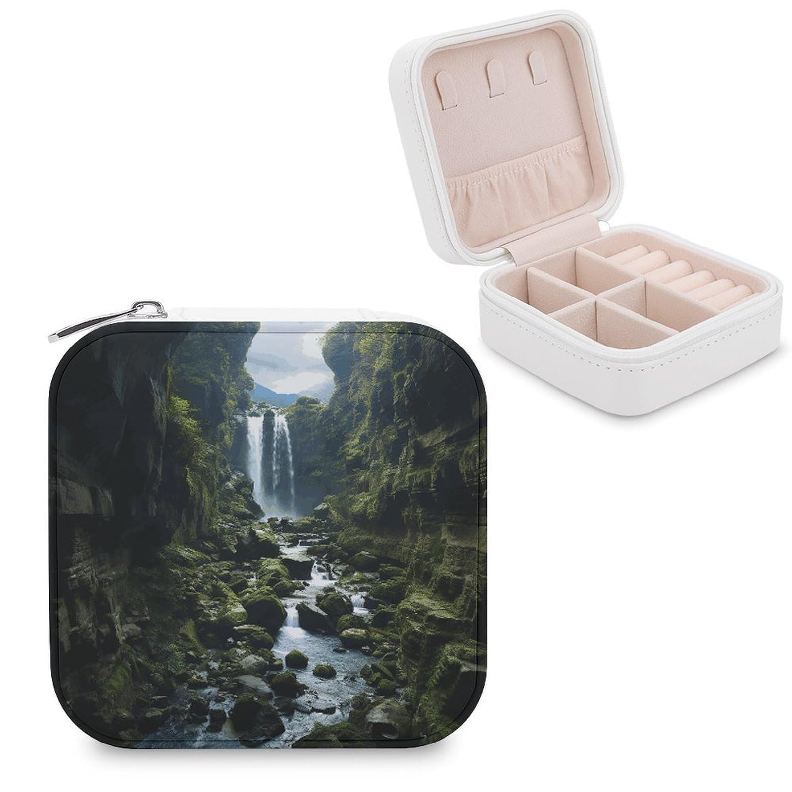 MUSM Waterfall Cliff Travel Jewelry Case Personalized PU Leather Jewelry Boxes for Women Small Portable Jewelry Organizer Box Cute Trinket Box for Necklaces Rings Earrings & Gifts