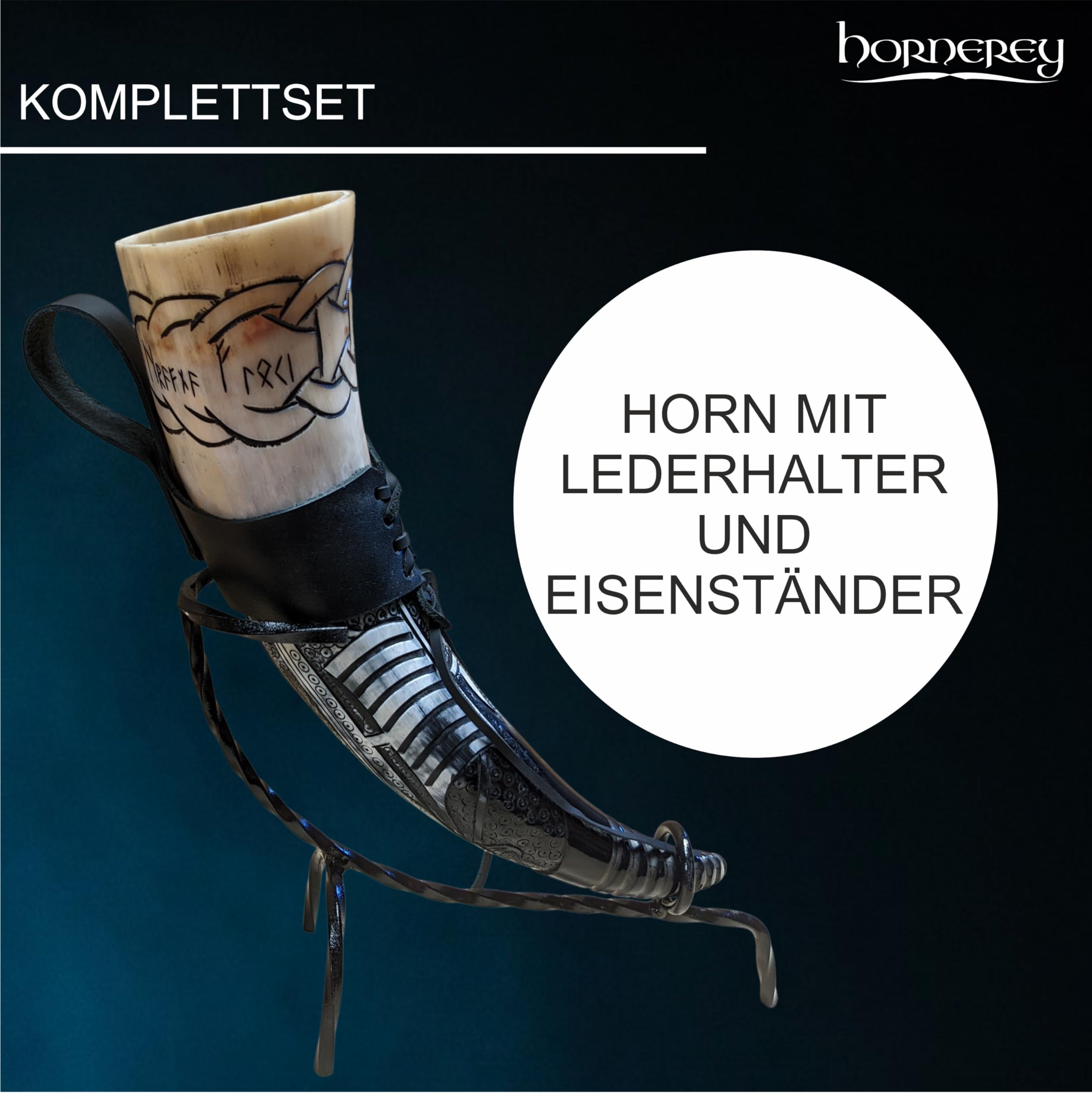 Trinkhorn Set Floki's Horn mit Ständer und Gürtelhalter, 500 ml, Wikinger Trinkhorn Set mit Ständer und Gürtelhalter, Methorn, LARP, Horn