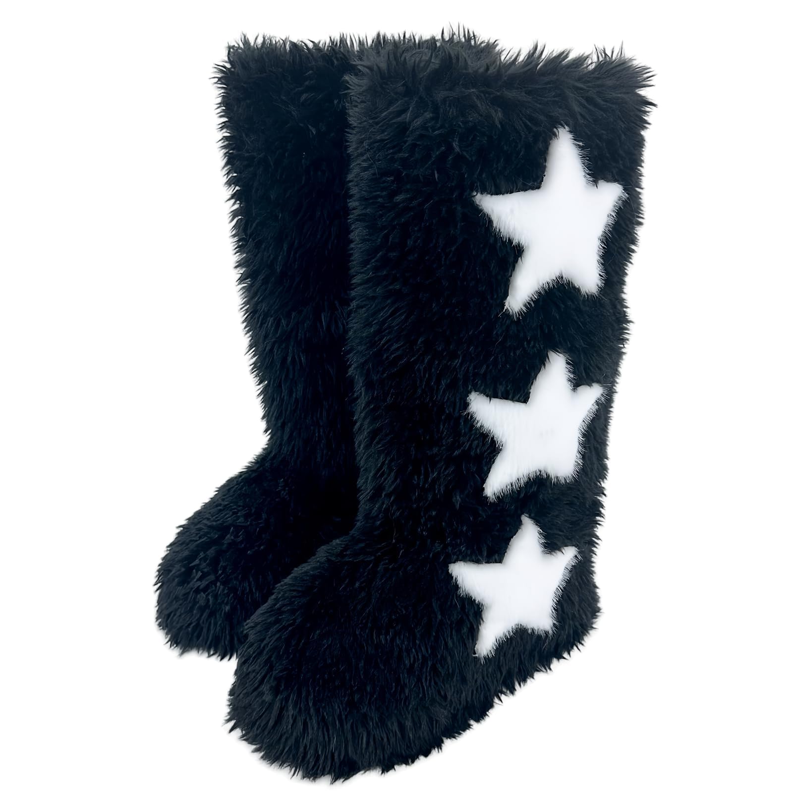 Faux Fur Boots for Women Knee High Winter Boots with Star Fuzzy Boots Y2K Tall Furry Boots for
