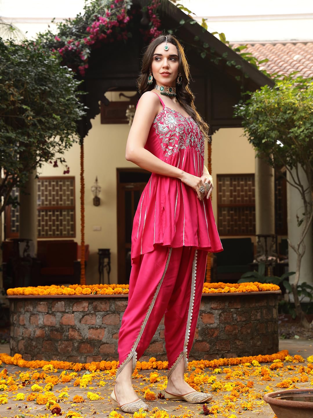 Stylum Women's Solid & Embroidered Rayon A-Line Kurti Dhoti Pant Set (Kdpinkrom34_Pink, Xs)