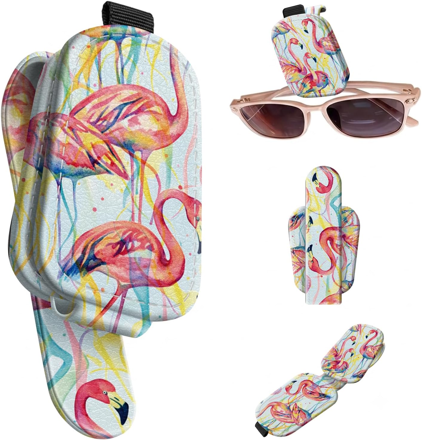Sunglasses Holder for Car Visor, PU Leather Glasses Clip Organizer, Cute Magnetic Eyeglass Holder for Vehicle Sun Visor, Car Interior Accessory for Women & Men, Rainbow Flamingos