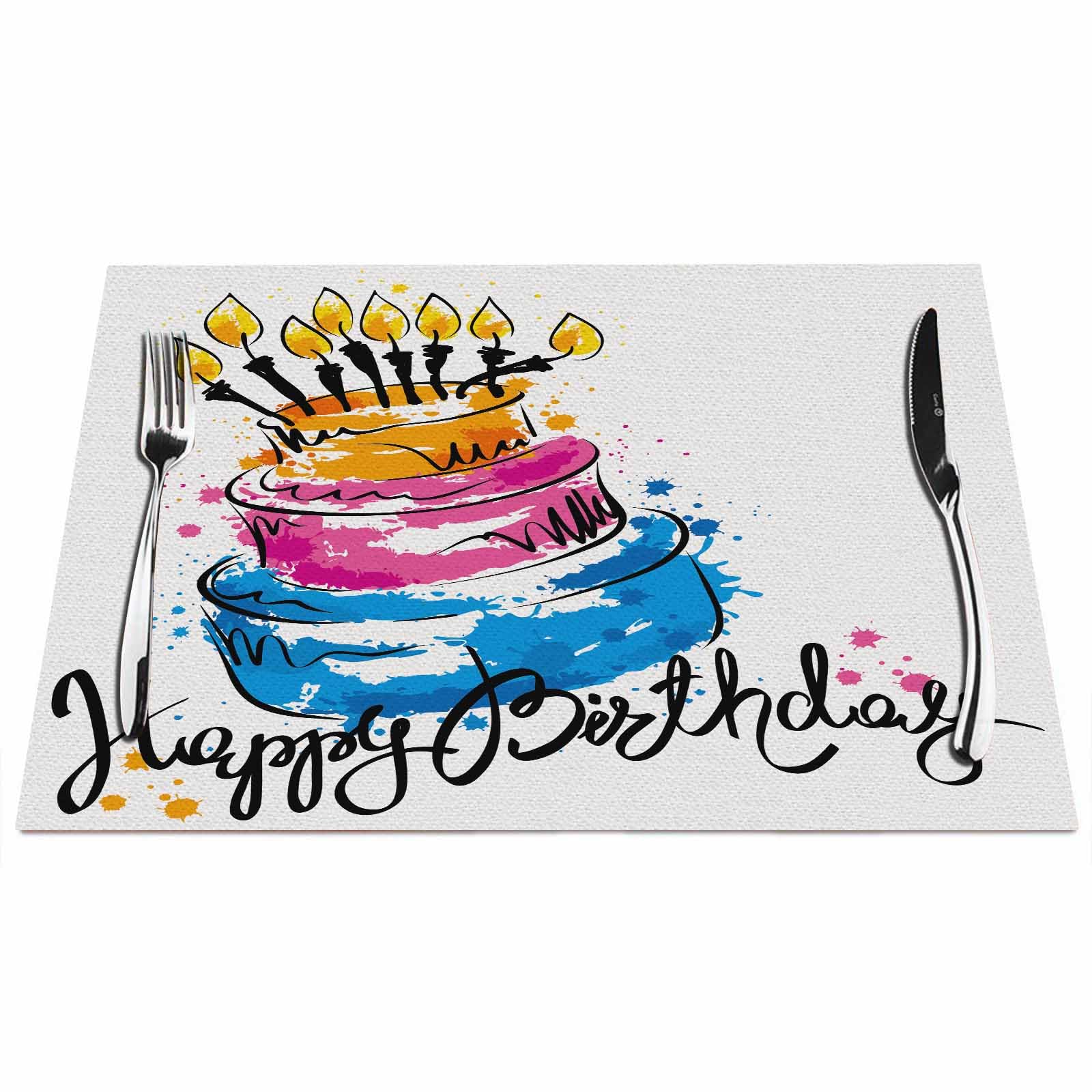 Walmsco Placemats Birthday Cake Happy Birthday Letters Decor For Dining Room Kitchen Table,Waterproof Non-Slip Washable Heat Resistant Placemats,Set of 4,12"x18"