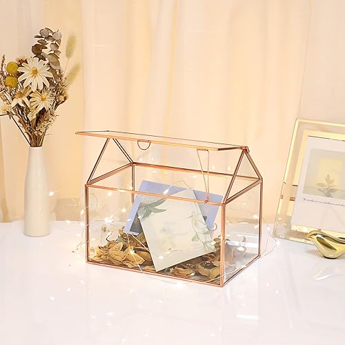 Miniatura 4 de ELLDOO Caja de tarjeta de boda de cristal de oro rosa de 8.8 pulgadas, cajas de regalo de cristal, terrario geométrico transparente con tapa, caja