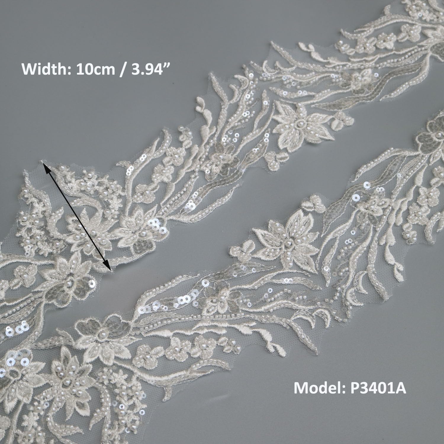 Ivory White 2yard Sequins Beaded Flower Embroidery lace Appliques for Wedding Dresses Rhinestone Applique Patches lace Trims parches ropa (P3401A)