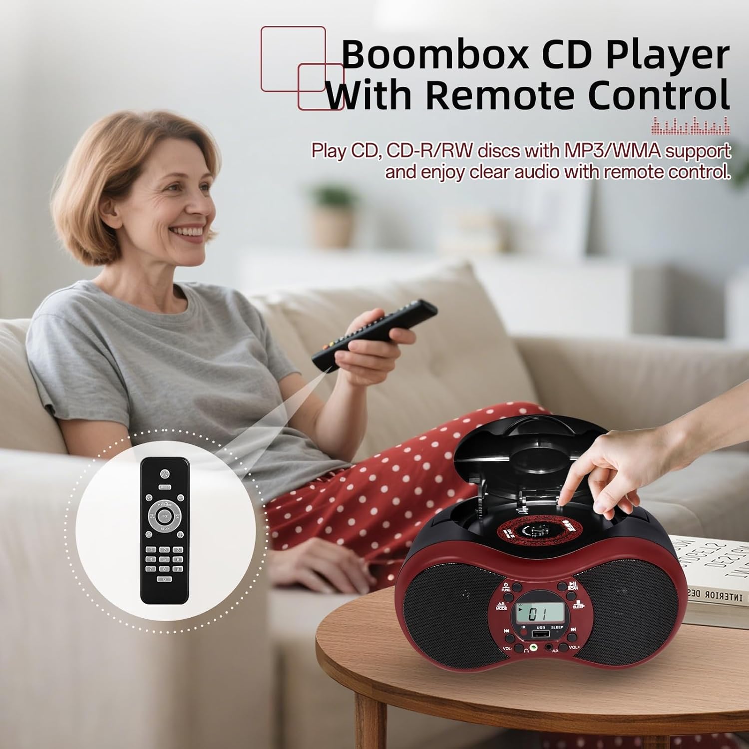 Portable CD Player Boombox for Home with FM Radio, Bluetooth, CD-R/CD-RW/MP3 CDs Playback, Remote Control, USB Port, 3.5mm AUX-in & Headphone Jack, Dual Stereo Sound, LCD Display, Sleep Timer