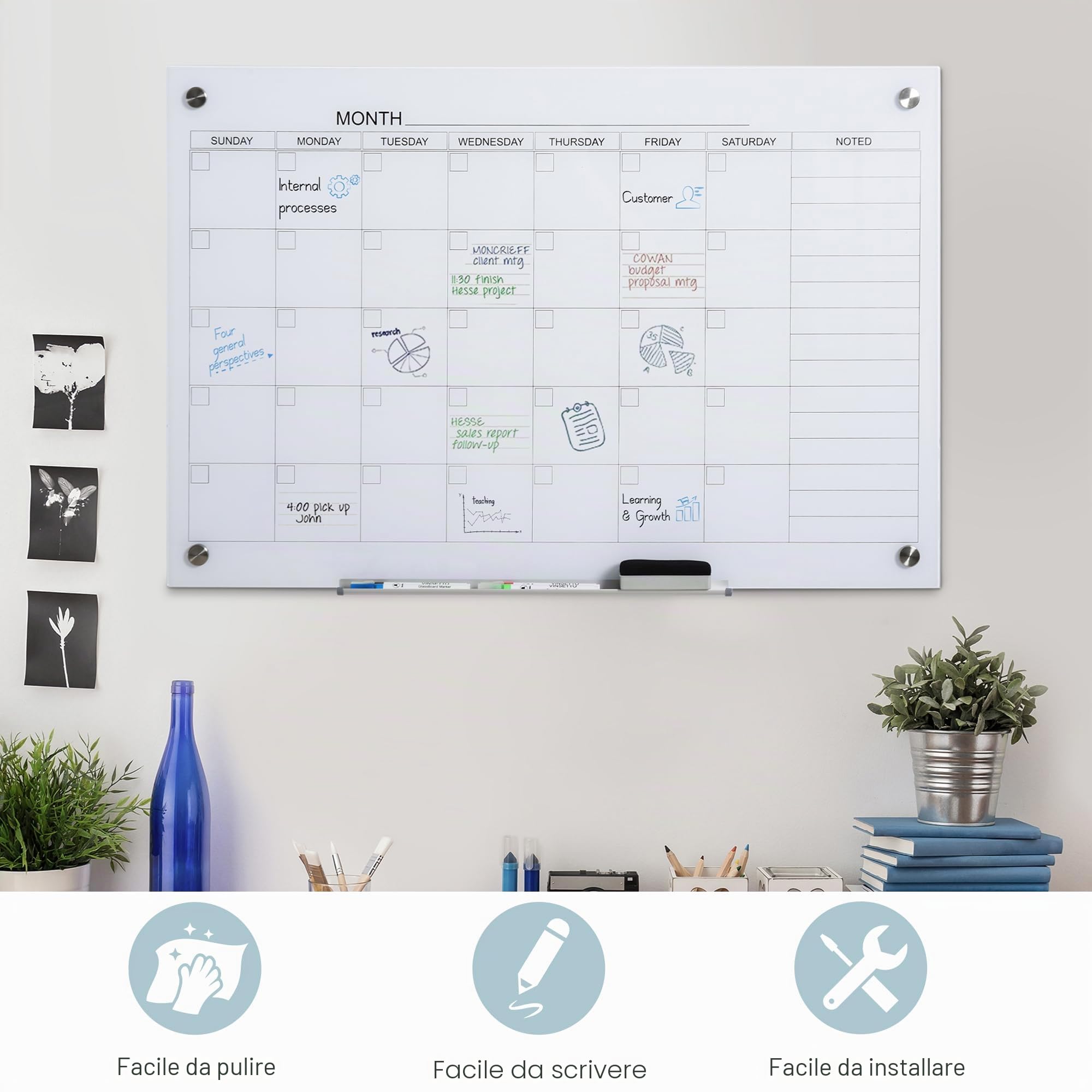 Vinsetto 35"x23" Lavagna murale calendario in vetro planner mensile | Senza cornice, materiali per homeschooling e organizzazione ufficio, 4 pennarelli, 1 cancellino
