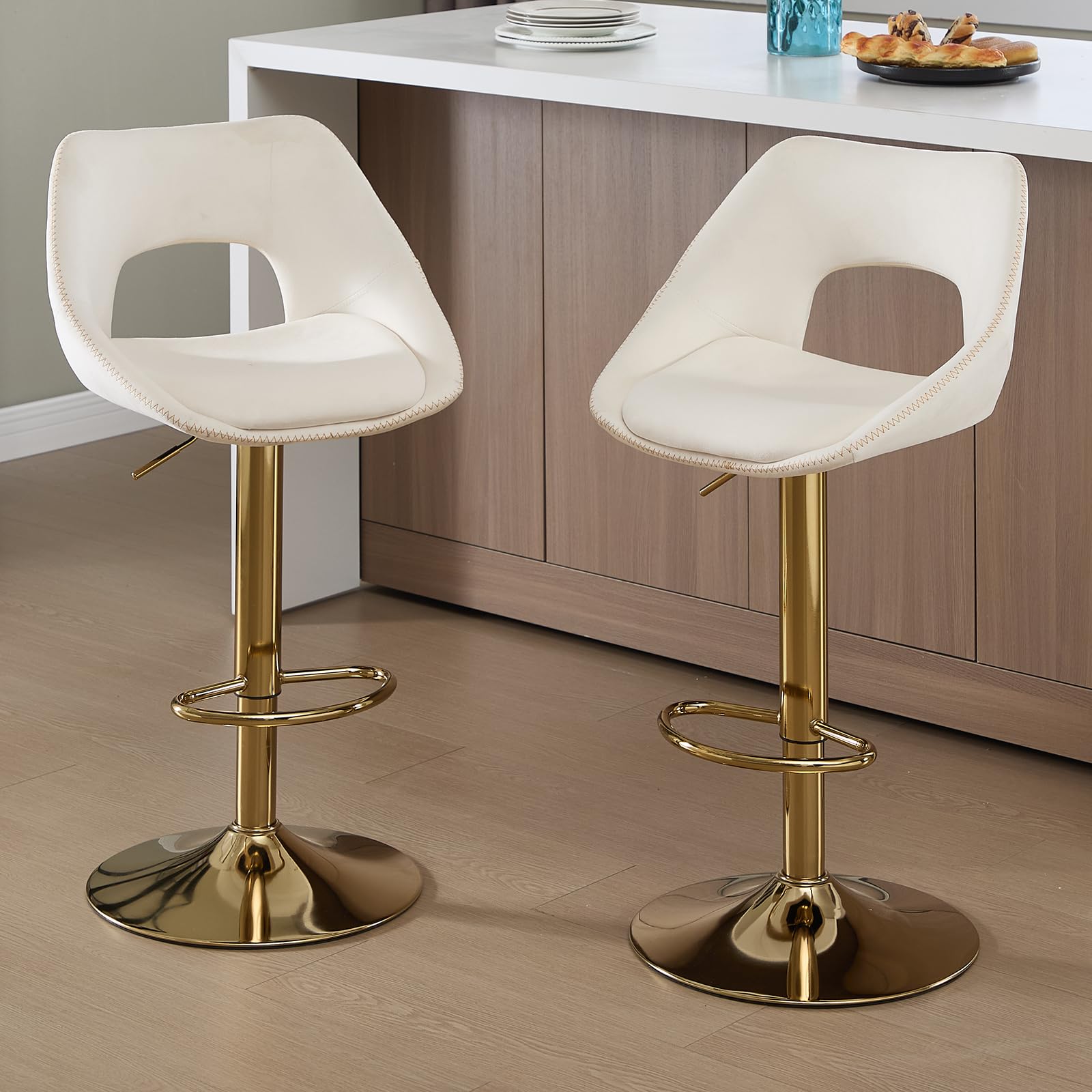 Juege de 2 Taburetes de Bar Altura Ajustable con Patas Metálicas, Taburetes de Bar con Respaldo Alto en Cuero/Terciopelo para Doméstico o Restaurantes, Blanco