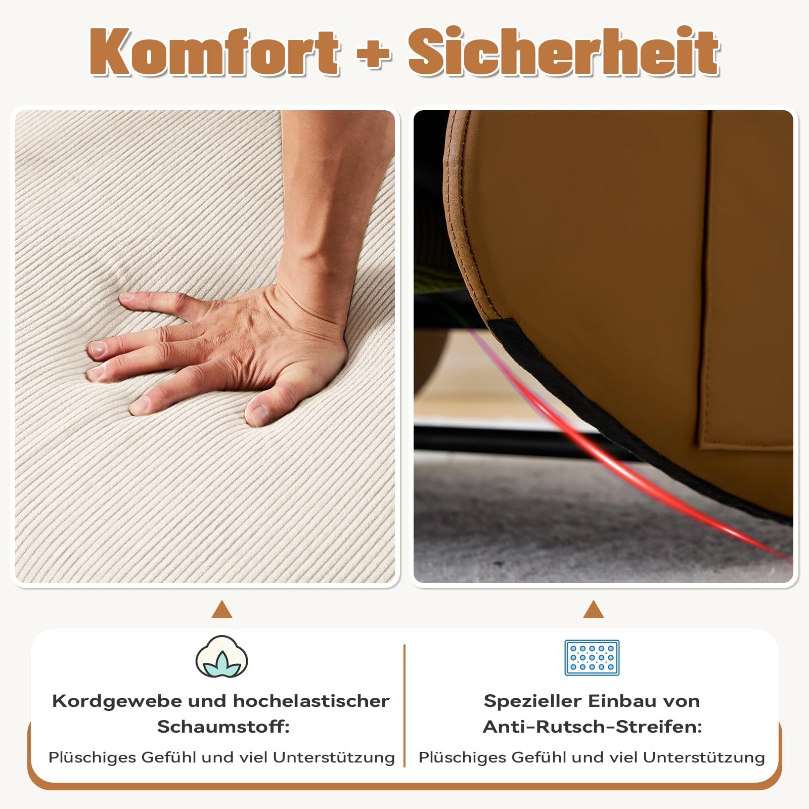 AVAWING Schaukelstuhl mit Klappbarer Rückenlehne,Schaukelsessel mit Kordober Holz und PU,Rocking Chair Schwingsessel für Wohnzimmer,Schlafzimmer,Beige