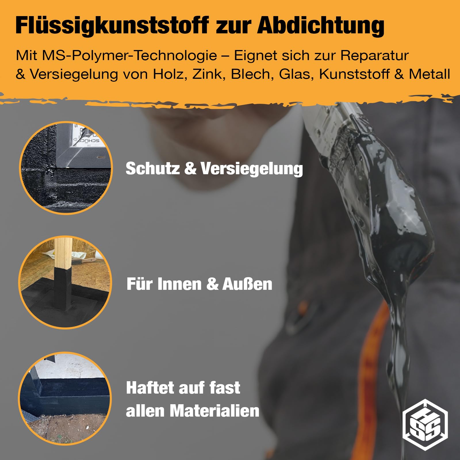 HSS Flüssigkunststoff Abdichtungsset inkl. Pinsel & Vlies – UV- & witterungsbeständig – MS-Polymer – lösungsmittel- & bitumenfrei – Schwarz – 1 kg für ca. 1 m²