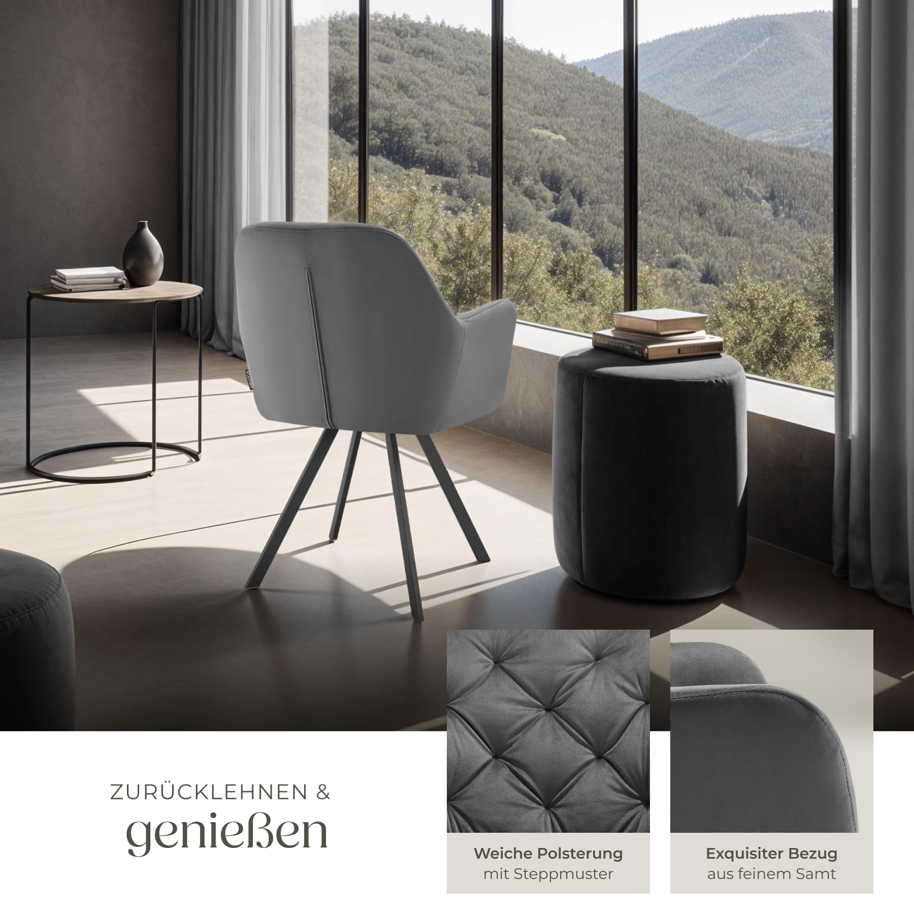 tectake® Esszimmerstuhl drehbar mit Armlehne, Samtstoff Drehstuhl ergonomisch, Möbel für Wohnzimmer, Stühle für Dining Lounge, Office, als Schminkstuhl oder Schreibtischstuhl - anthrazit