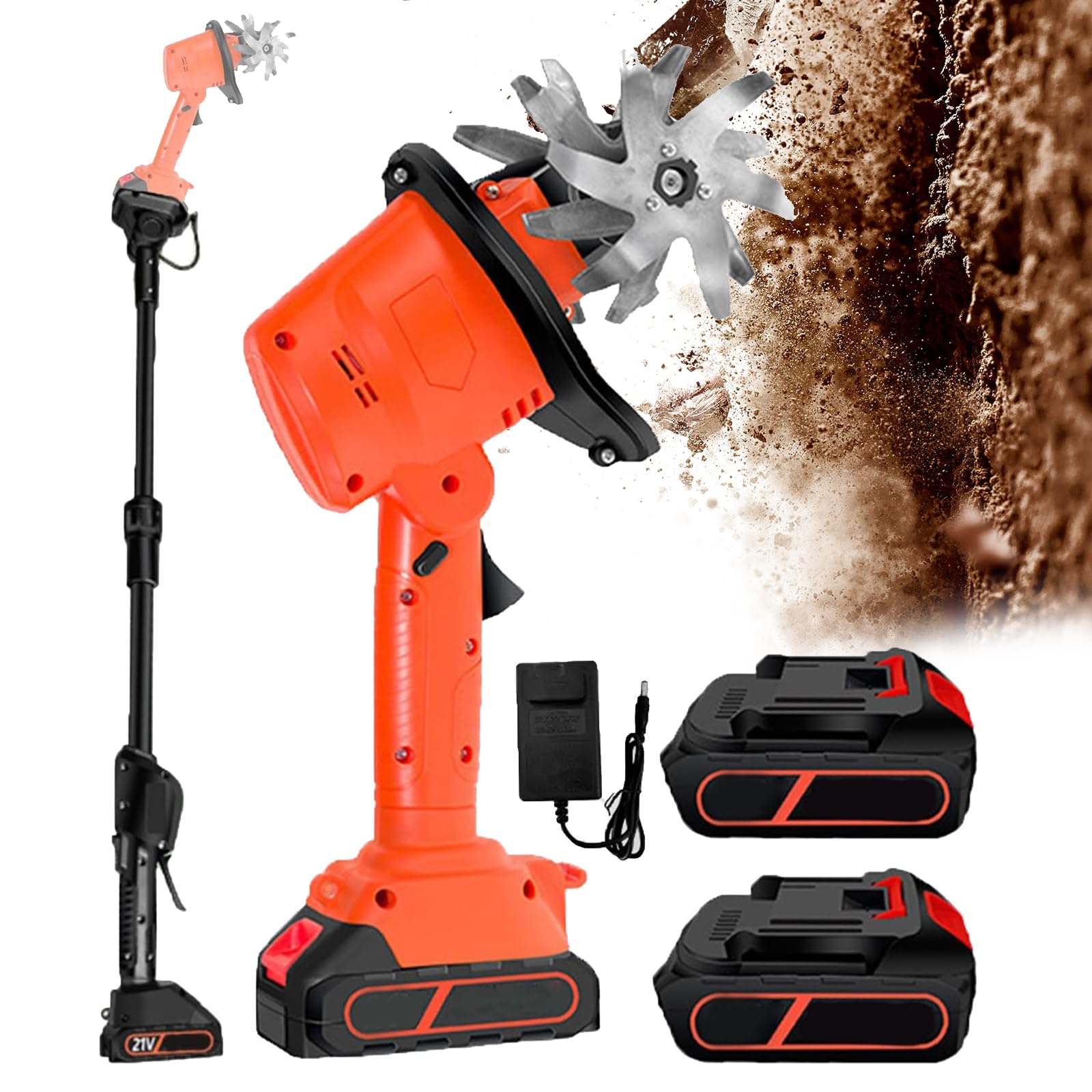 Rotavator da Giardino Elettrico Mini Coltivatore Senza Fili con 2 * Batterie 21v E Asta Lunga profondità di Lavoro 10cm Larghezza di Lavoro 10cm Rotavator Elettrico per Giardinaggio Prato S with Pole