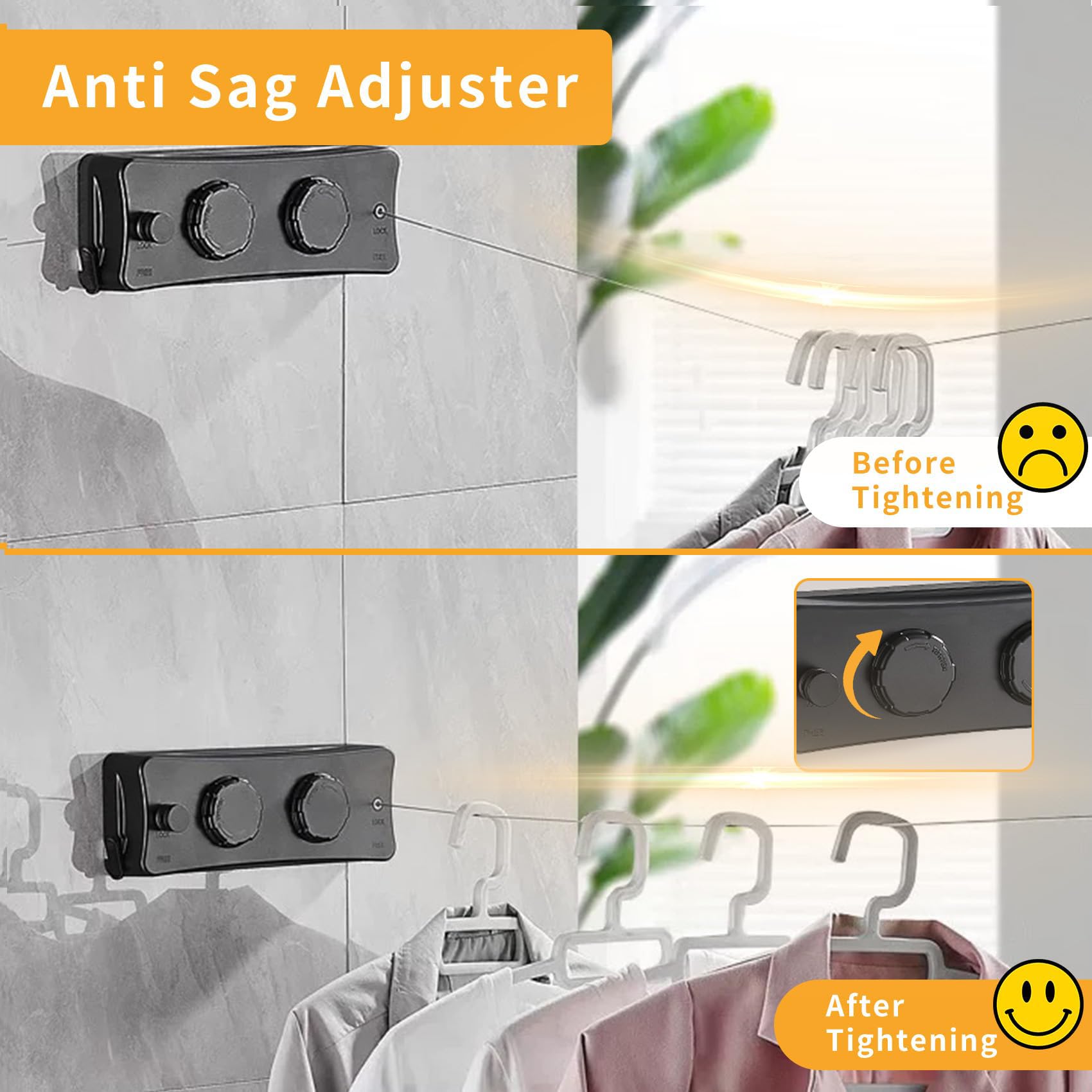 Corde à Linge Rétractable 5.1m, Acier Inoxydable Fil a Linge Extérieur Retractable (Noir)