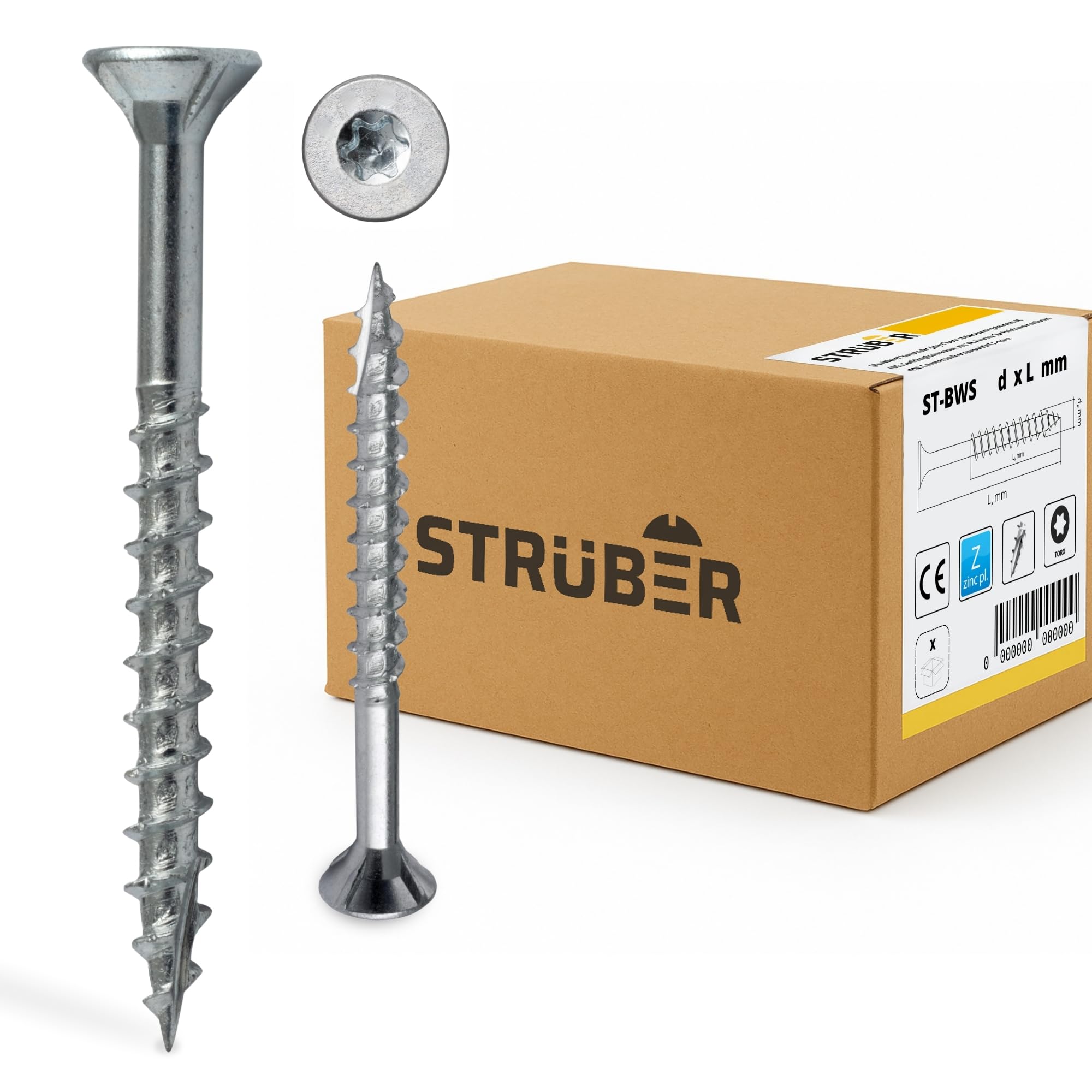 STRÜBER Universalschrauben mit Senkkopf und Torx-Antrieb (Ø4,0 x 60 mm / 200 Stk.) verzinkte Holzschraube - Spanplattenschrauben – Teilgewinde & Cutspitze - TX-Bit inkl - ETA