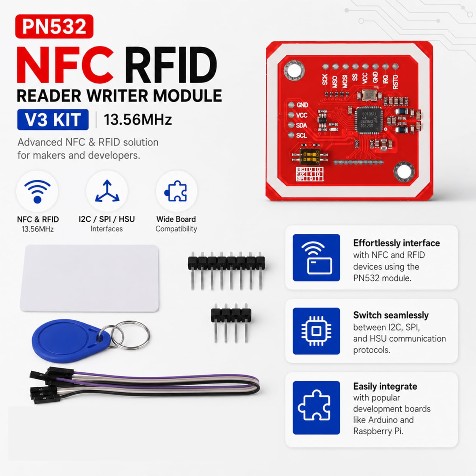 6 confezioni PN532 NFC NXP RFID Module V3 Kit, Near Field Communication Reader Module Kit con I2C SPI HSU, S50 White Card, Key Card, adatto per Arduino, Raspberry Pi, fai da te, smartphone e telefoni
