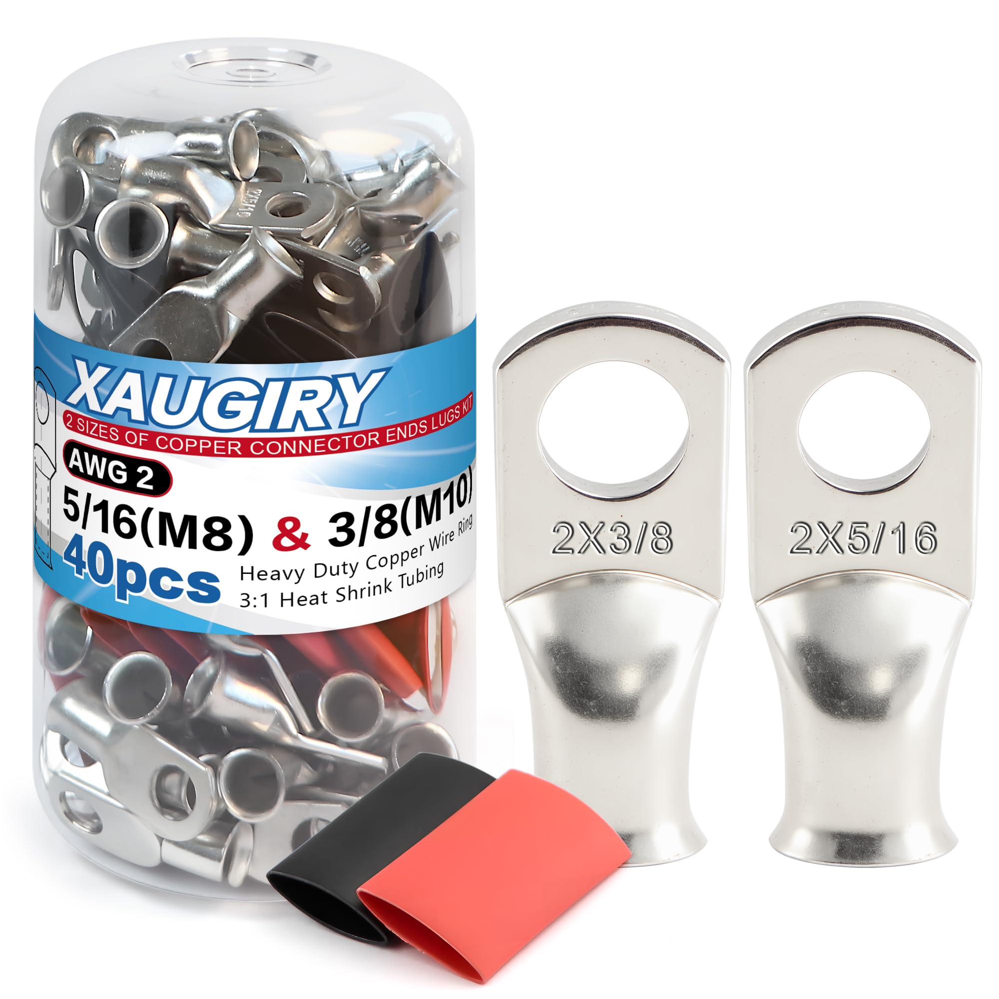 20Pcs Battery Cable Lugs Kit(2 AWG-5/16+2 AWG-3/8) Heavy Duty Tinned Copper Wire Ring,Copper Terminals Connector Ends Lugs with 20Pcs 3:1 Heat Shrink Tubing