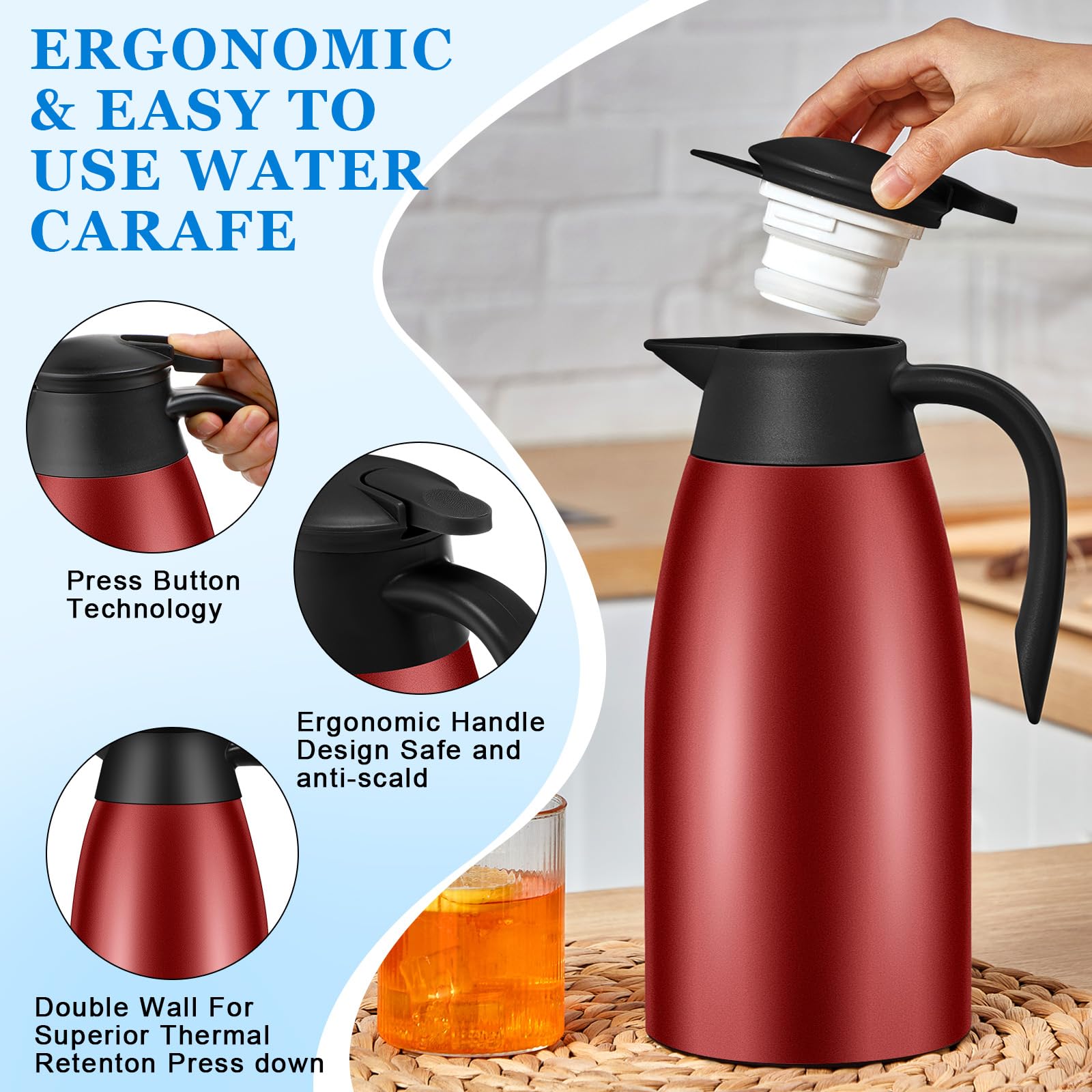 Uiifan 2 jarras térmicas de café de 68 onzas con aislamiento de acero inoxidable, jarra de café térmica de doble pared, jarra de café con cepillos para mantener el café y el té durante 12 horas (rojo