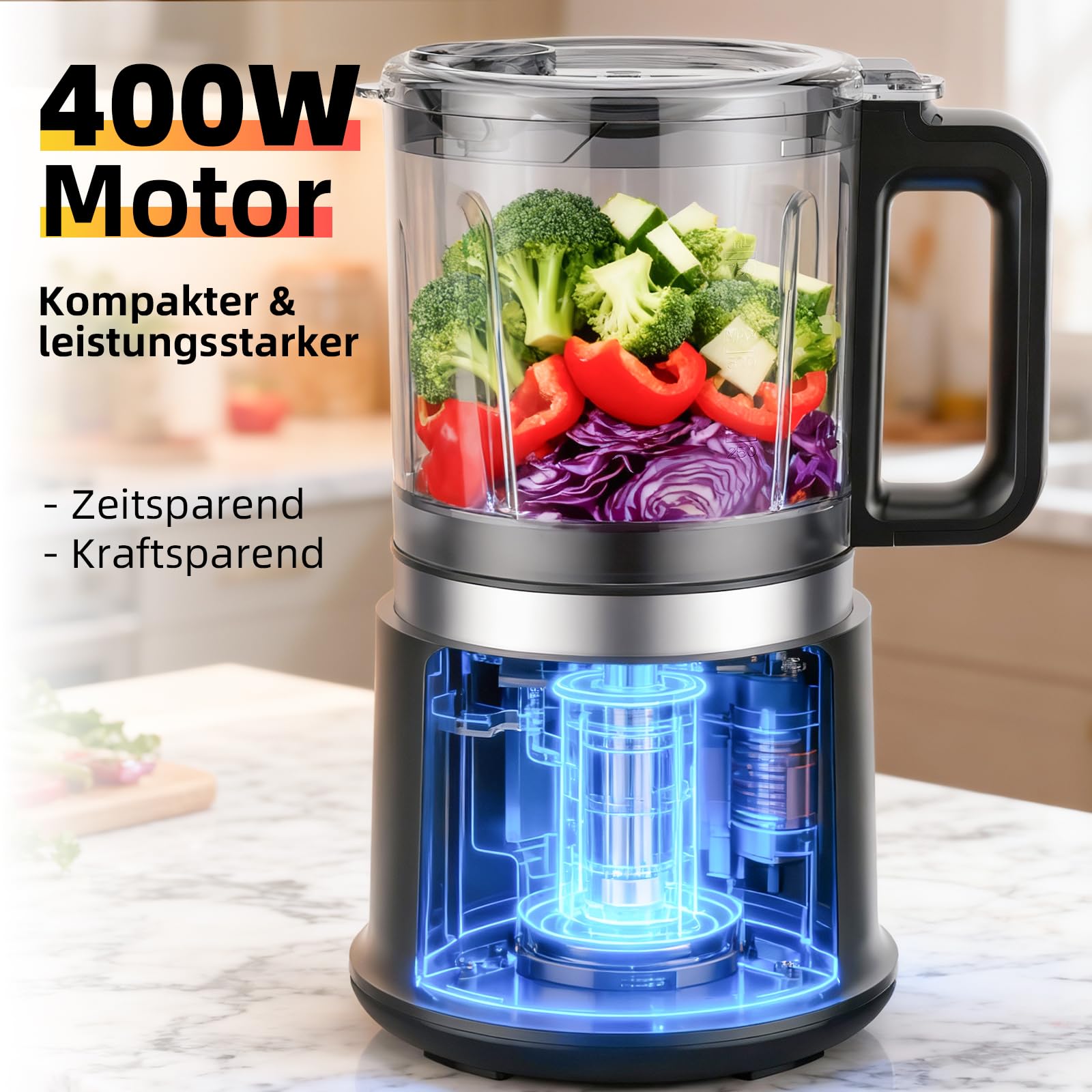 Picadora Eléctrica - 400W Robot de Cocina Multifunción con 2 Velocidades, 4 Cuchillas Bilevel Acero Inox y Varilla Batidora - Recipiente 0.95L para Picar, Mezclar, Emulsionar y Triturar