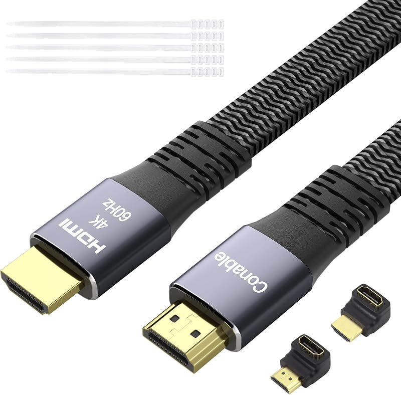 Flat HDMI Cable 25 Feet, 4K HDMI High Speed Braided Cord, Pure Copper, Supports 4K@60Hz 2160p 1080p HDR HDCP 2.2 ARC Full 3D (with 25 Ties and 2 HDMI Adapters)- 25FT