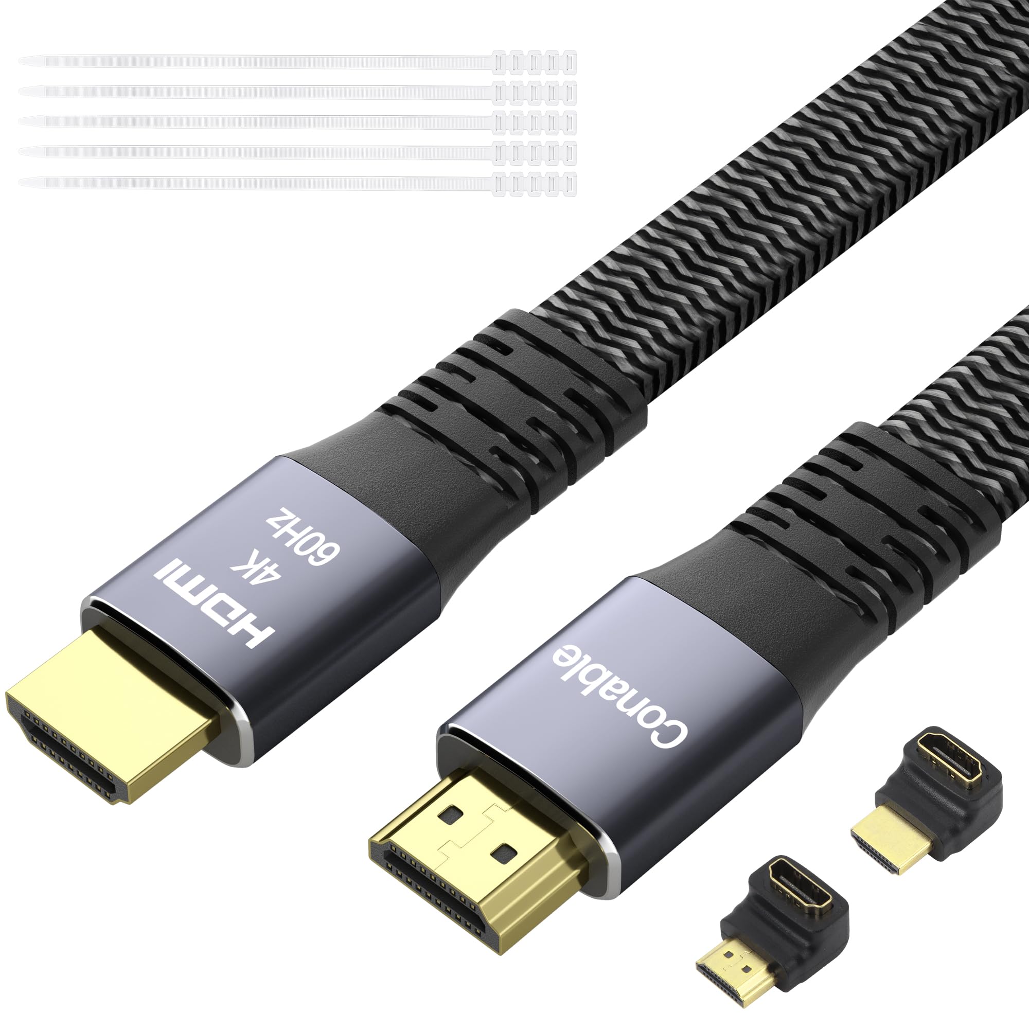 Flat HDMI Cable 25 Feet, 4K HDMI High Speed Braided Cord, Pure Copper, Supports 4K@60Hz 2160p 1080p HDR HDCP 2.2 ARC Full 3D (with 25 Ties and 2 HDMI