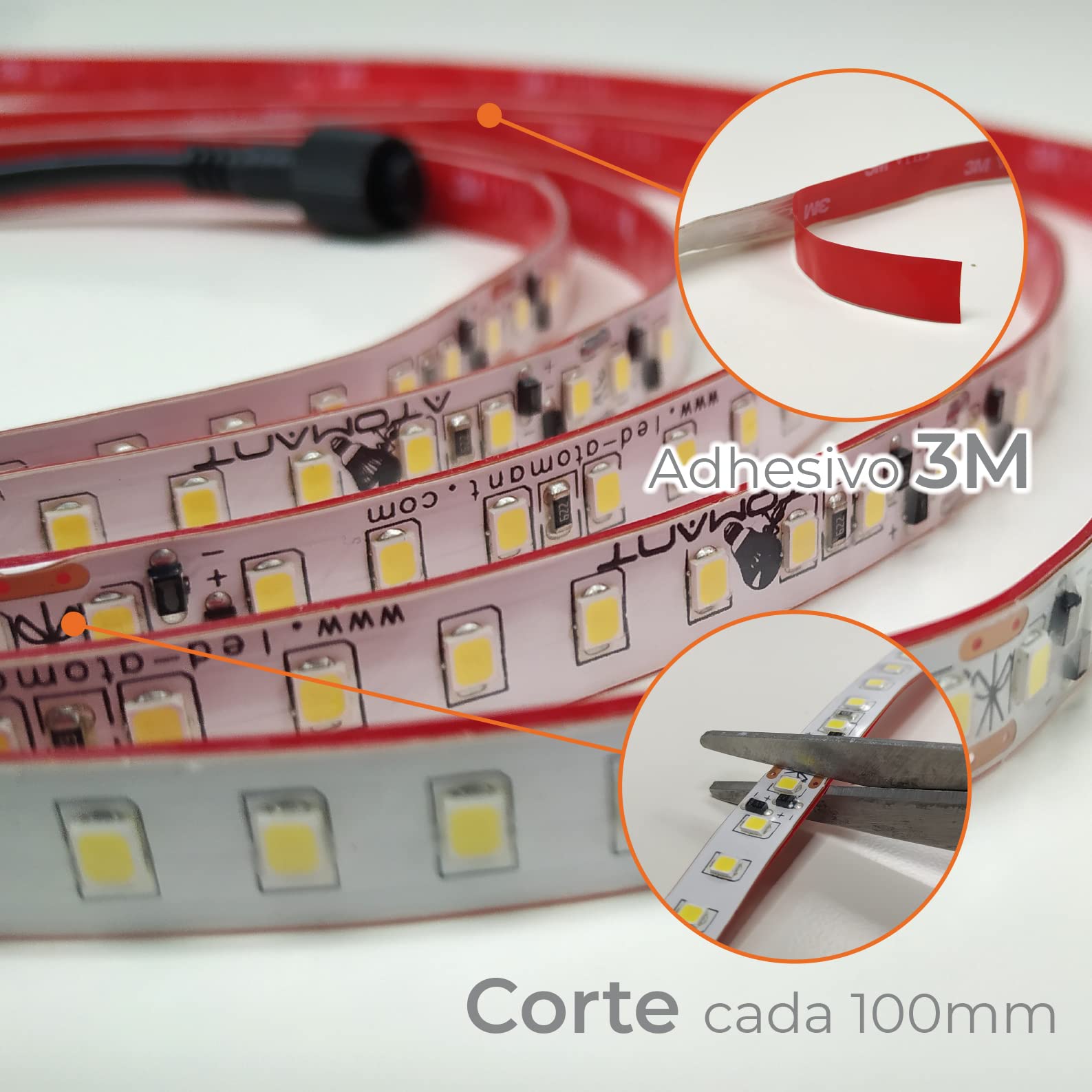 LED ATOMANT Pack 5x Rollo de 5 metros de Tira de Luz LED Directa a 220v, 12W/m, Color Blanco Calido (3000K), Impermeable (IP65), Corte cada 10cm