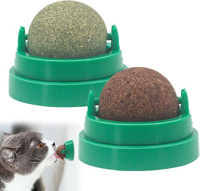 Petslucent Cat Catnip Ball Toys, Interactive Treat Silvervine Bell Chew Molar Ball Toy Set for Indoor Cats Licker, Edible Natural Catmint Kitten Teeth Cleaning (1 Catnip + 1 Silvervine Ball)