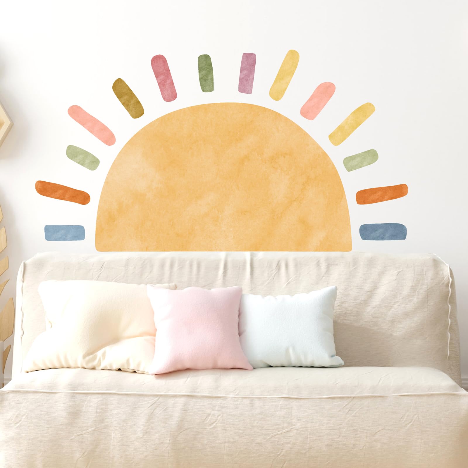 Watercolor Large Sun Wall Decal Boho Sun Sunshine Wall Sticker Peel and Stick Colorful Rainbow Sun Wall Stickers Removable Big Sun Wall Decals for Kid Room Bedroom Nursery Playroom Decor