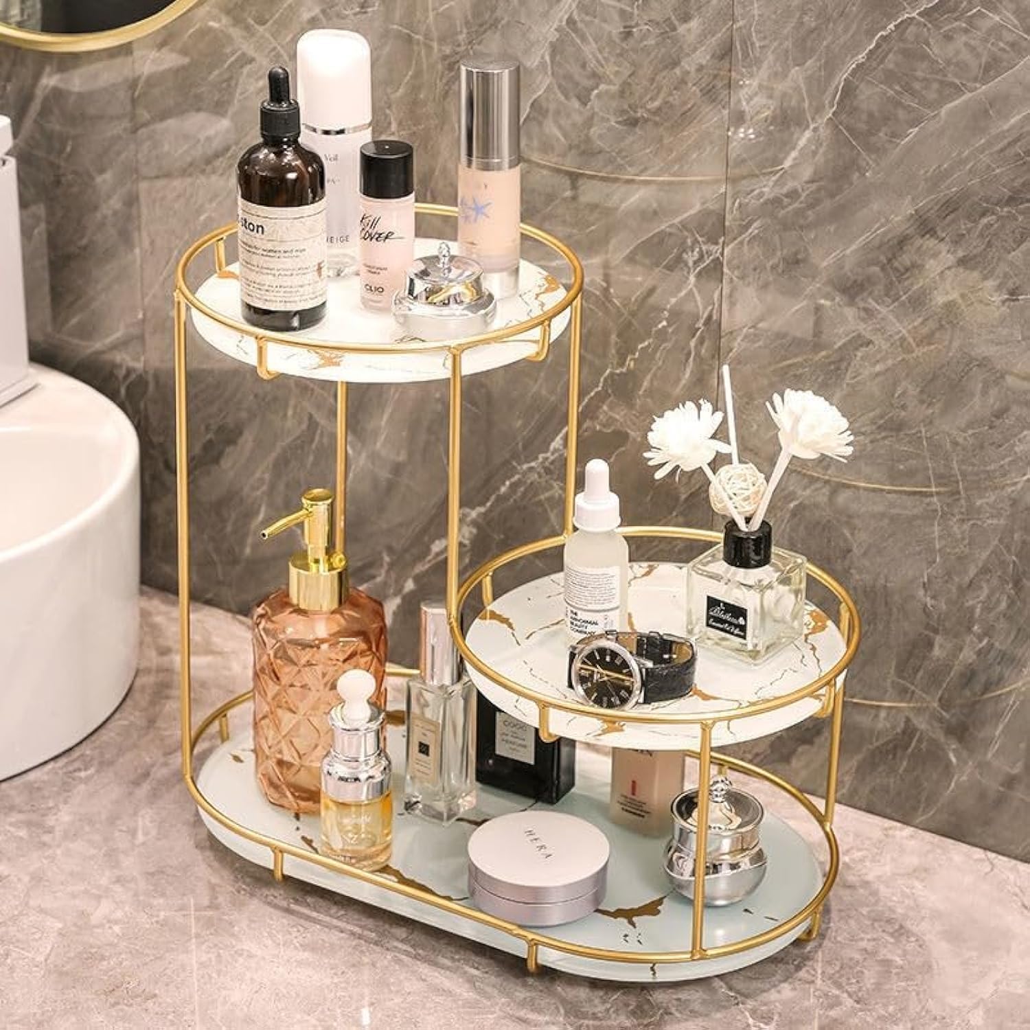 U-HOOME Cosmetic Storage Rack Bathroom Organizer Countertop, 3 Tiers Cosmetic Perfume Tray, Vanity Organizer for Makeup, Skincare, Clear Corner Rack for Bedroom, Bathroom
