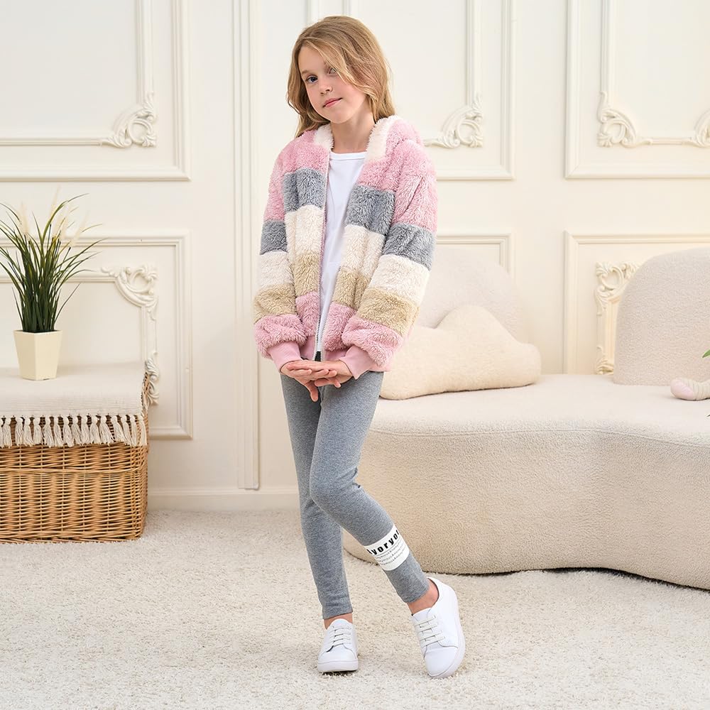 Girls Fleece Jacket Kids Soft Fuzzy Zip up Hoodie Fall Winter Sherpa Contrast color Pullover Sweatshirt 3-12 Years - Image 7