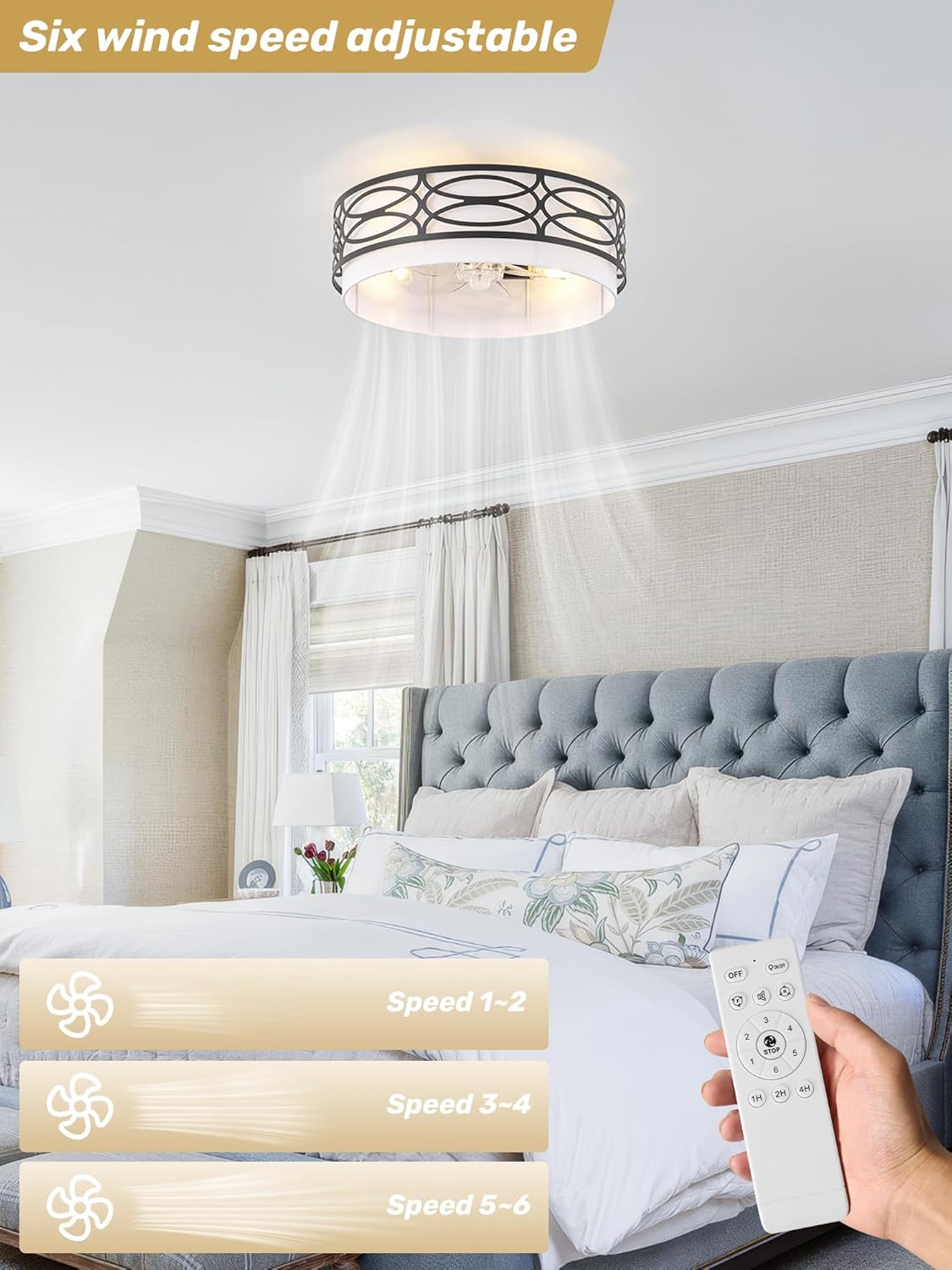 20" Black Flush Mount Ceiling Fan with Light, Caged Boho Ceiling Fan with Lights Remote Control with 6 Speeds for Bedroom, Living Room, Nursery