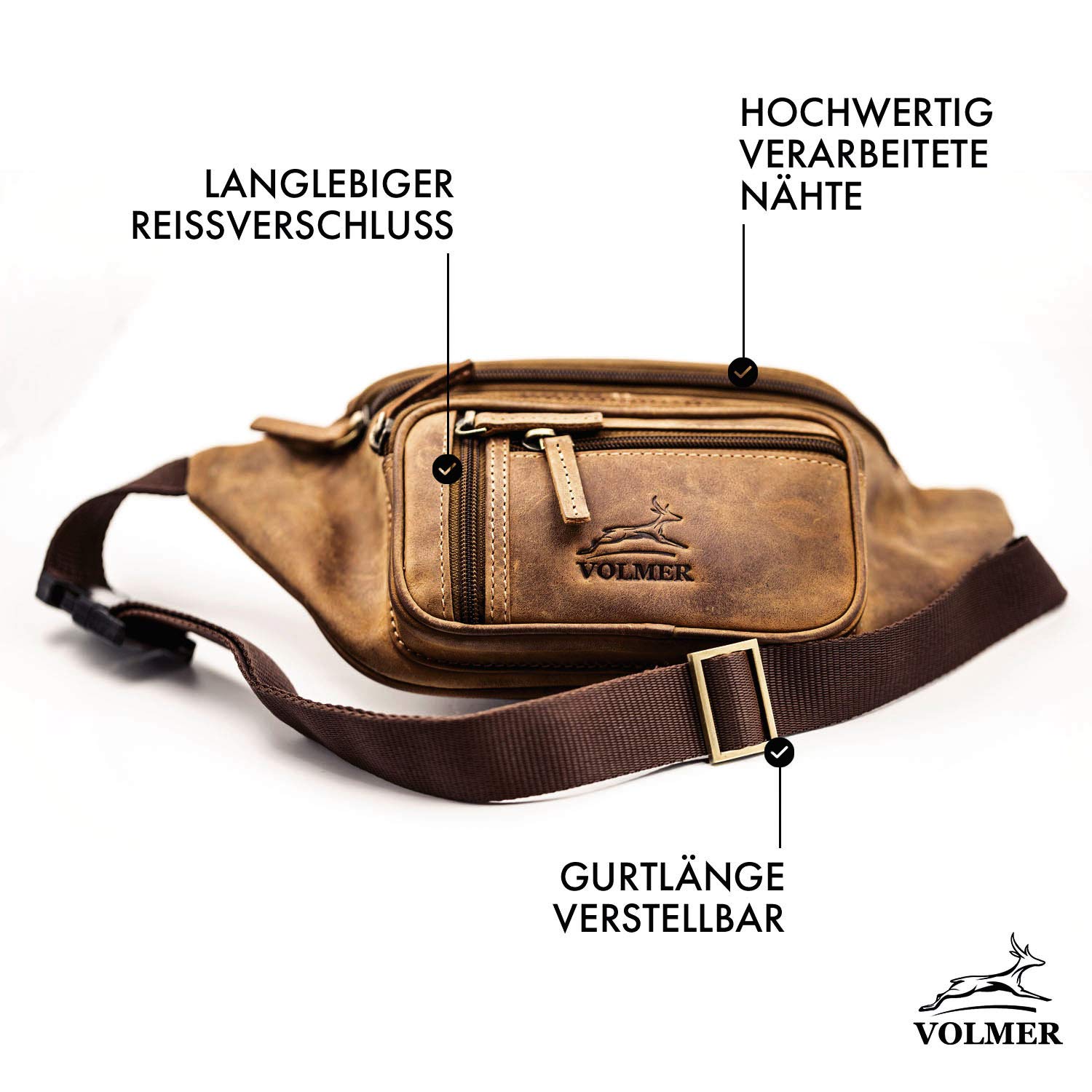 Fa.Volmer ® Gürteltasche in Echt-Leder für Damen und Herren | braun | Verstellbarer Gurt bis 130 cm | Modell: Barcelona