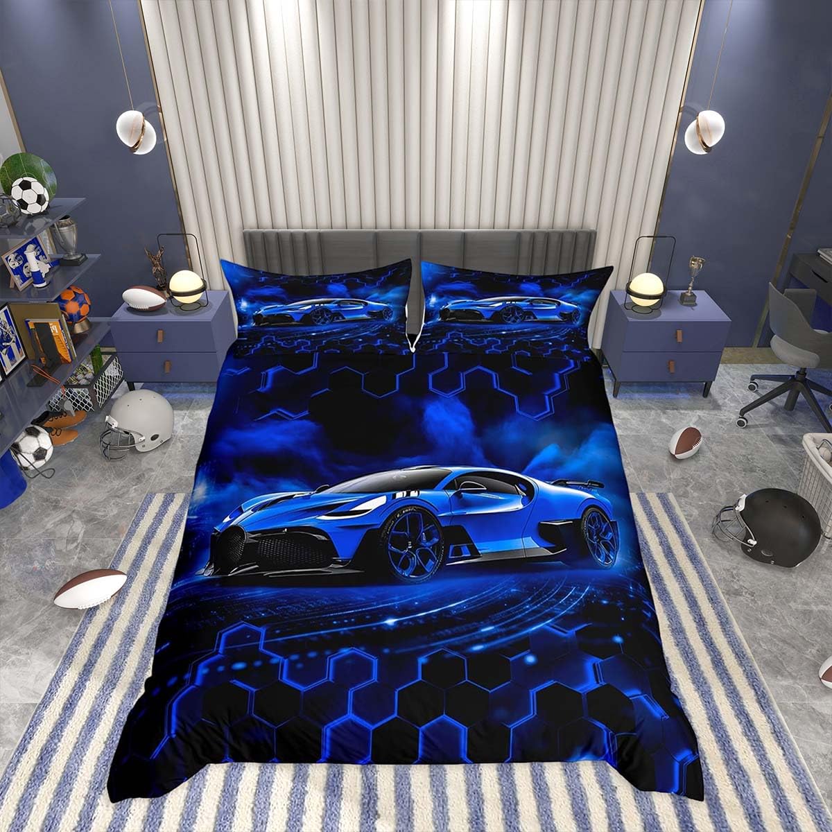 Homemissing Boys Blue Race Car Duvet Cover Set King Size For Kids Boys Teens Racing Car Glitter Honeycomb Bedding Set Fast and Furious Extreme Sports Duvet Cover with 2 Pillowcases — image 1