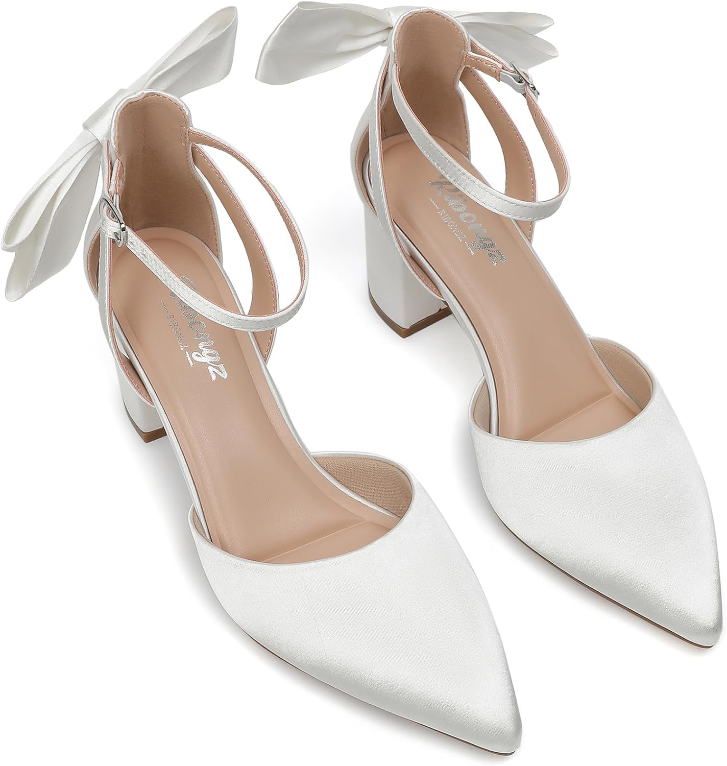 RIBONGZ Wedding Bridal Shoes for Women Chunky Block Heel Pumps Closed Pointed Toe Heels with Elegant Bow Knot Comfort Evening Party Prom Office Shoes - Image 8