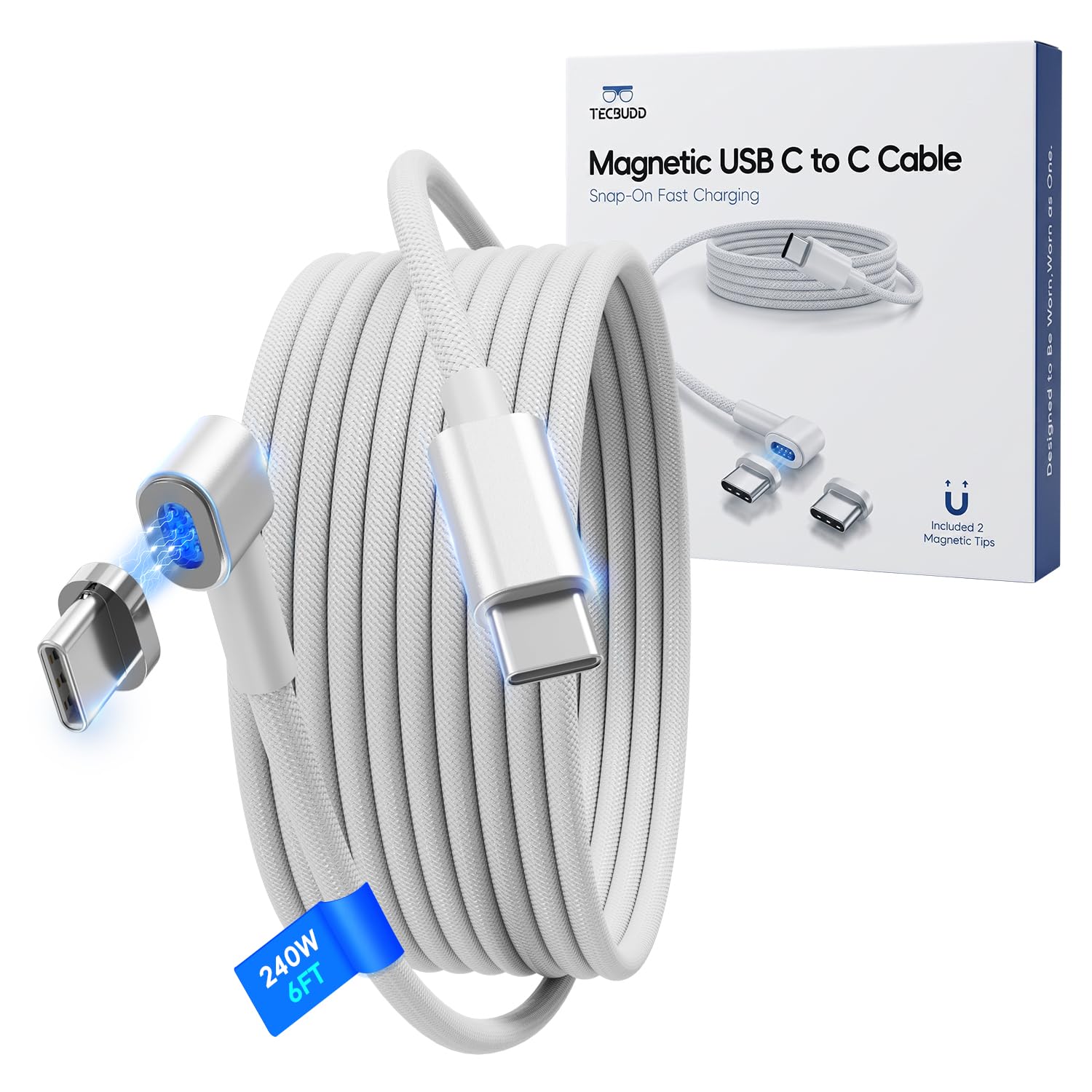 Photo 1 of TECBUDD 240W Magnetic USB C Cable - 6ft, White