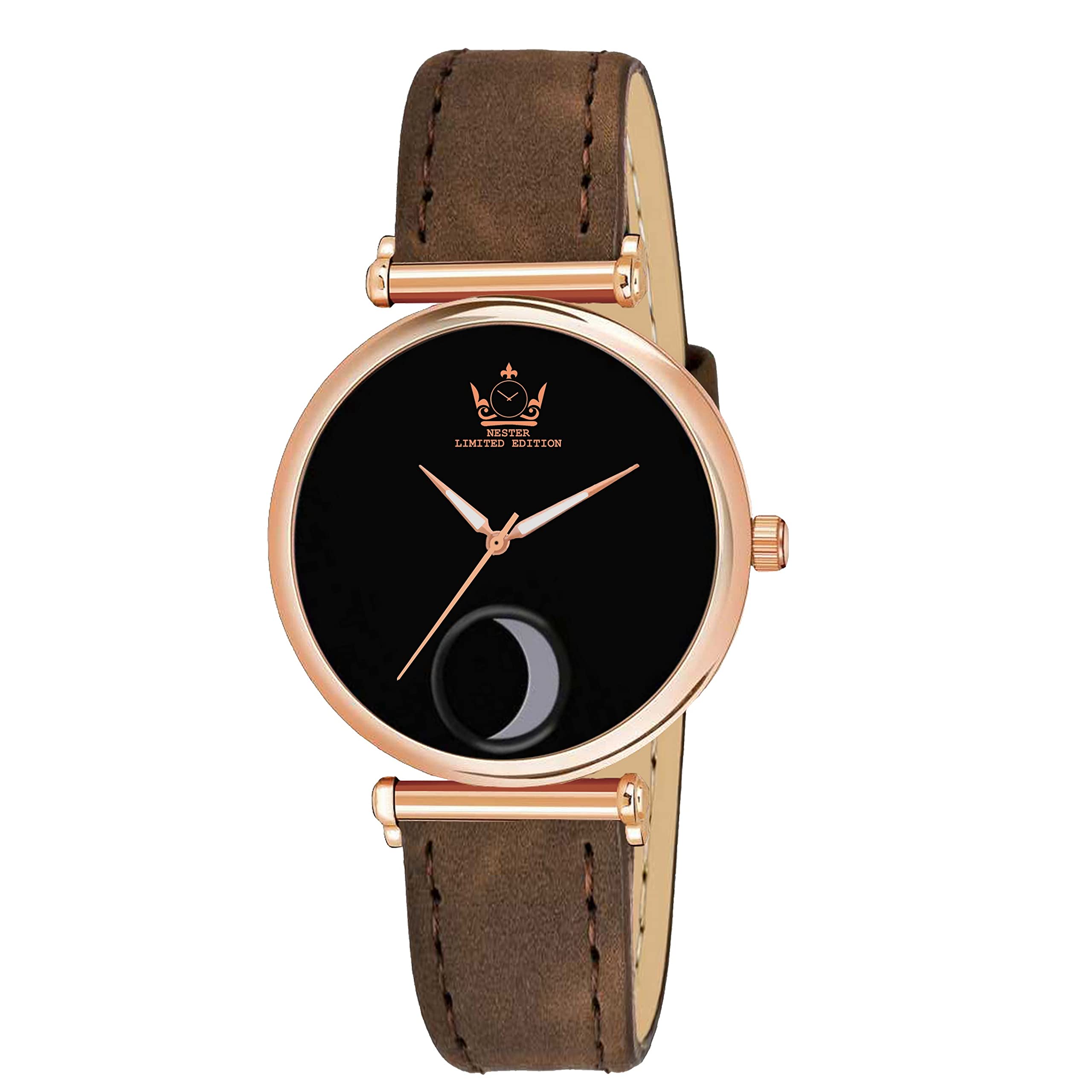 Nester Leather Strap Moon Designed Girls and Women Analog Watch (Black-BrownBlet)