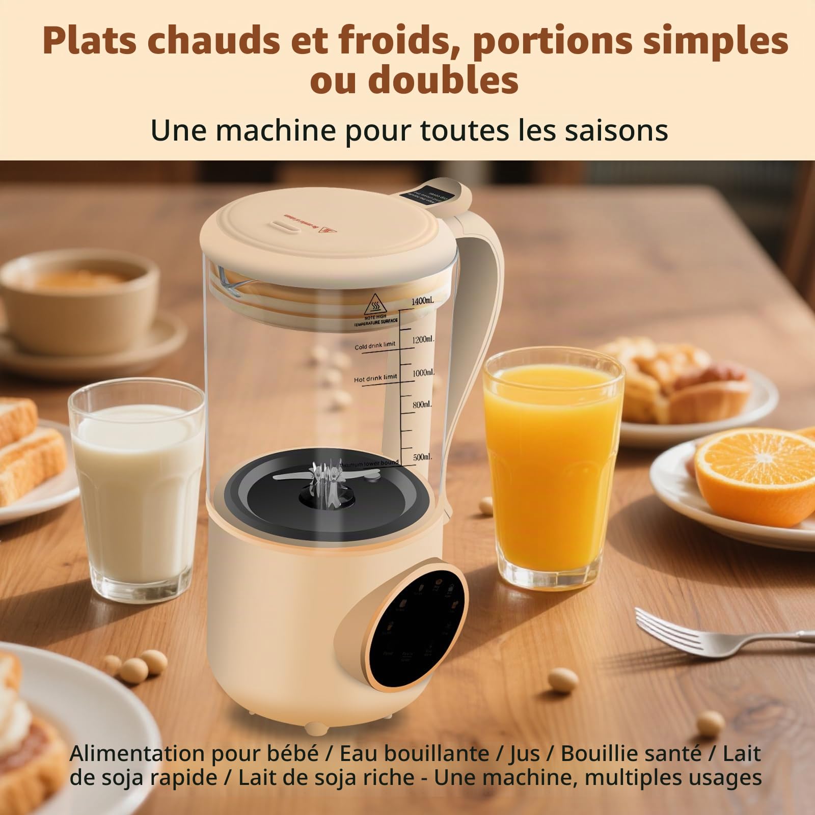 Machine Lait Vegetal, Presse-Agrumes 1400ml, 16 Feuilles Nut Milk Maker, Affichage LED, Fonction D'isolation De 4 Heures, Lait Végétal Maison, Avoine, Soja, Boissons Sans Produits Laitiers