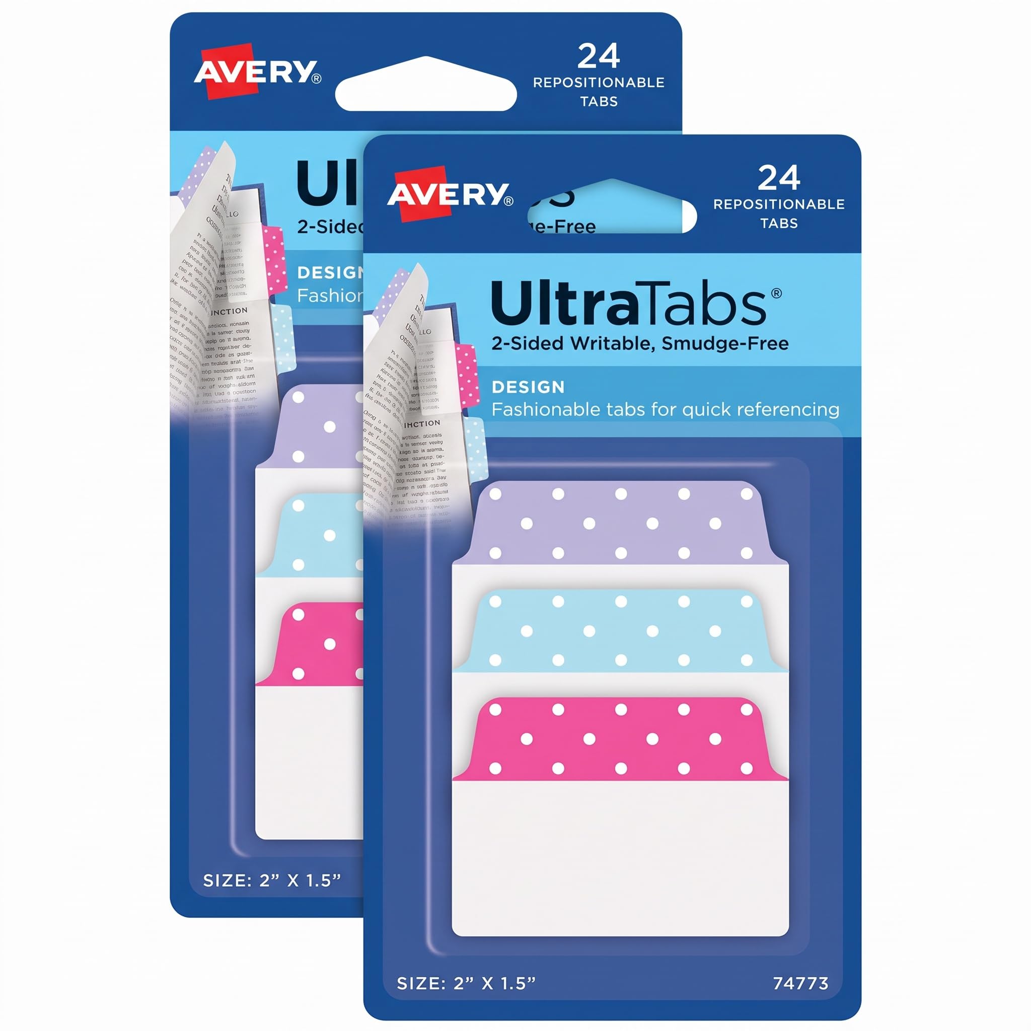 Avery Multiuse Ultra Tabs, 2" x 1.5", 2-Side Writable, Assorted Pastel Dots, 24 Repositionable Tabs (74773) (Pack of 2)