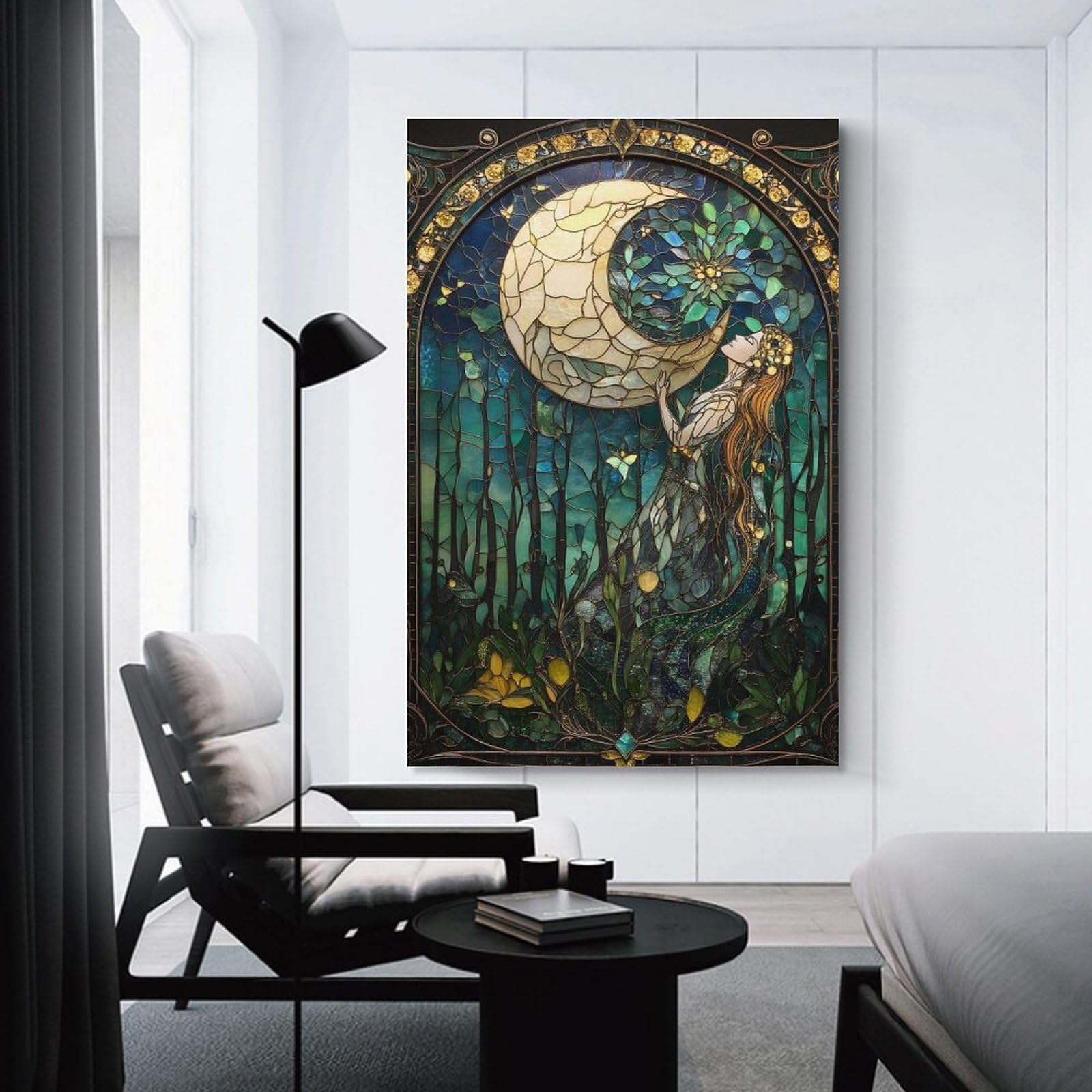 Junmoney Unframe-Style-5 Stained Glass Moon & Woman Canvas Wall Art 20X30inch(50X75cm), For Workspace Walls, Study Corners Or Bedrooms, Wall Art That Adds Style To Work Areas
