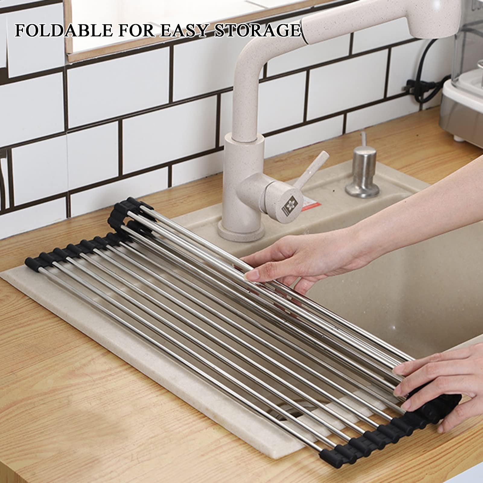 Escurridor de Platos, Rejilla for secar Platos sobre Fregadero, enjuagadora Enrollable de Silicona Inoxidable for Frutas y Verduras, Varios tamaños | 47.6*31cm