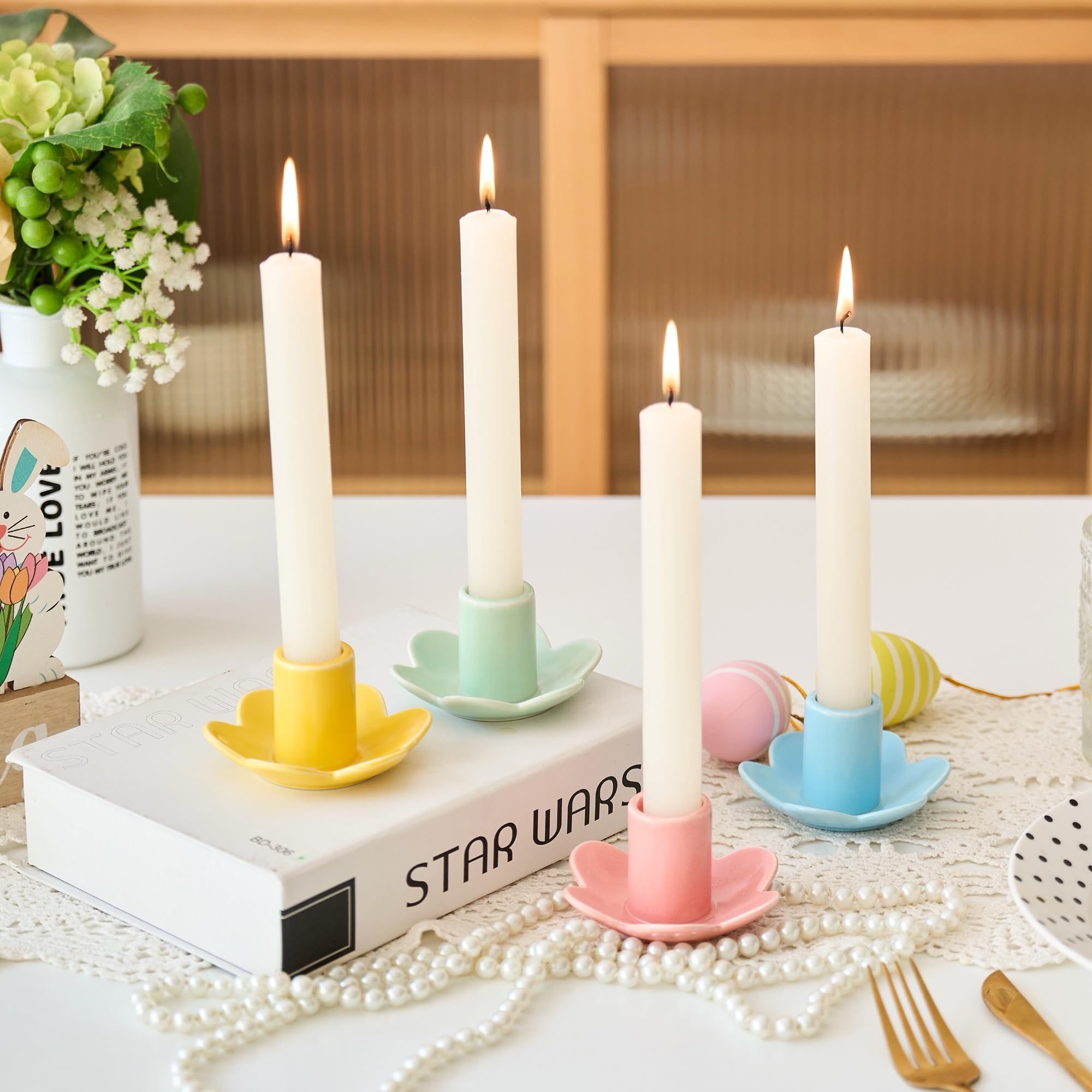 Colorful Ceramic Candlestick Holders Set of 4, Cute Easter Taper Candle Holders Chic Flower Shaped Table Centerpiece for Wedding Festive Spring Party or Home Decor (Flower Style)