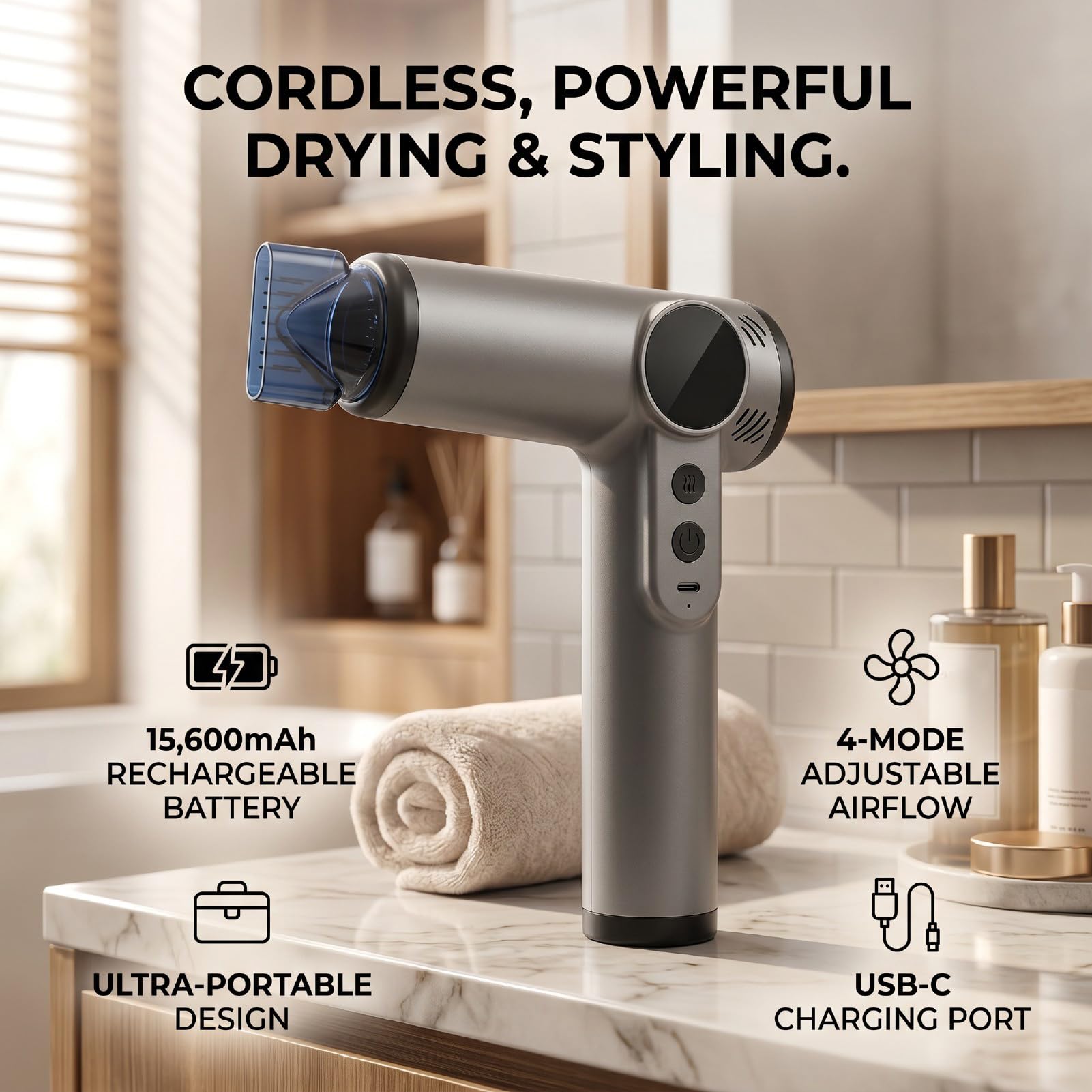 Asciugacapelli Cordless da 200 W con 4 Livelli di Calore, USB (GRAY)