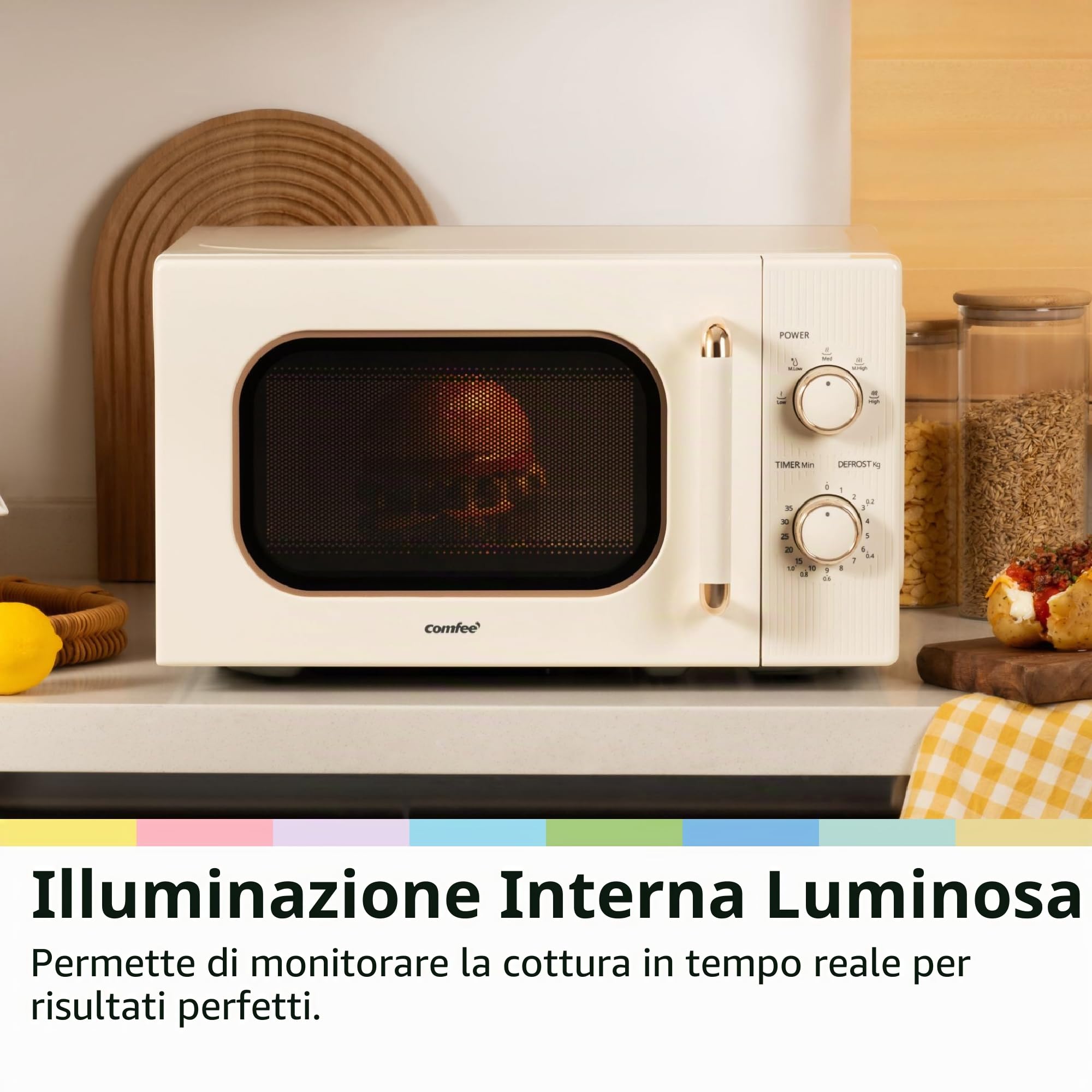 COMFEE ' CMO-M202NC(CM) Microonde Vintage Retro Elegante Con 5 Livelli Di Potenza, 700 W, 20 L, Timer Regolabile 0-35 Min, Controlli Singoli, Illuminazione Interna, Crema Albicocca