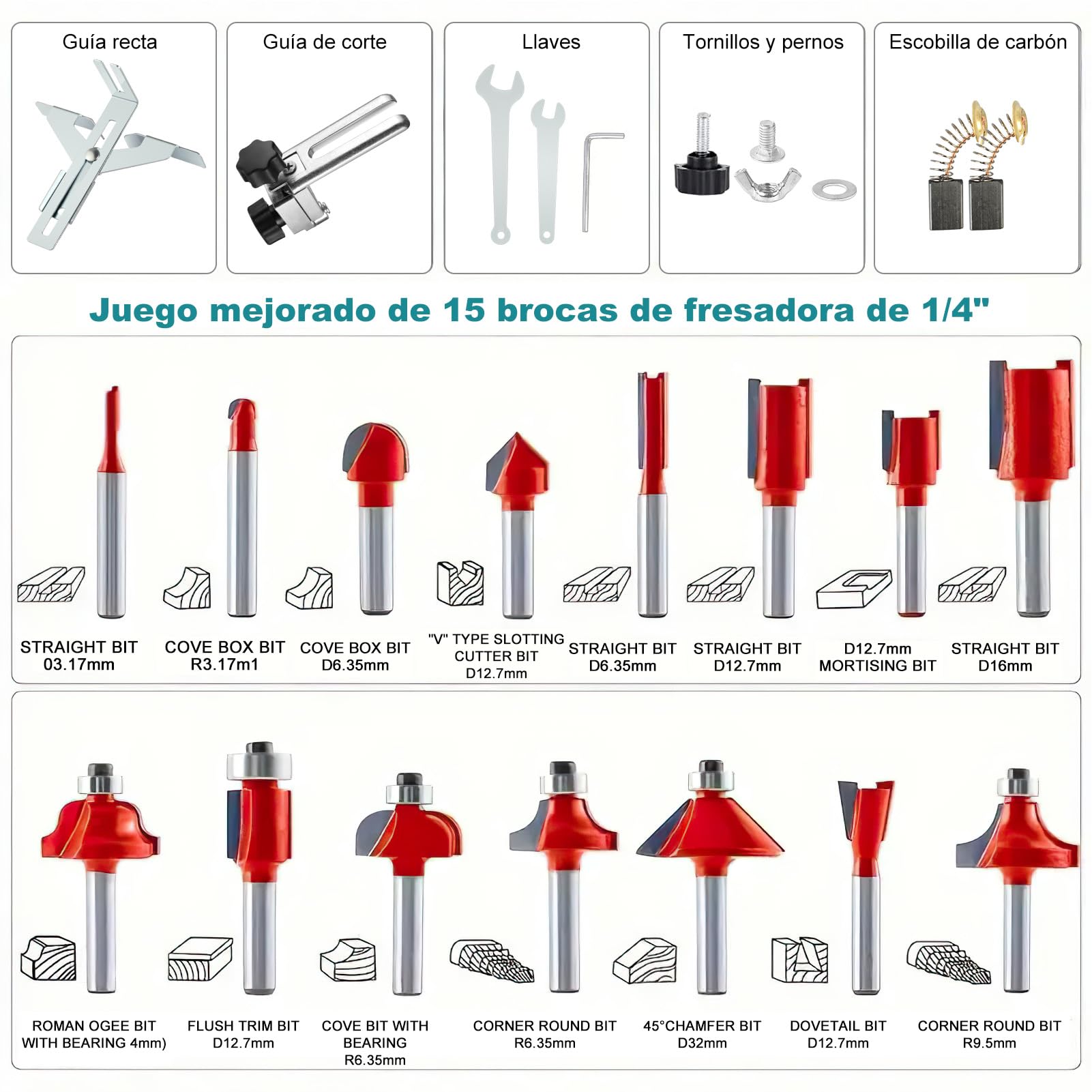 Fresadora Para Madera Compacta, 6,35 Mm Fresadora De Cantos De Mano Portátil, 800W 28000Rpm Fresadoras Eléctrica Para Madera Enrutador De Palma Eléctrico Con 15 Fresas