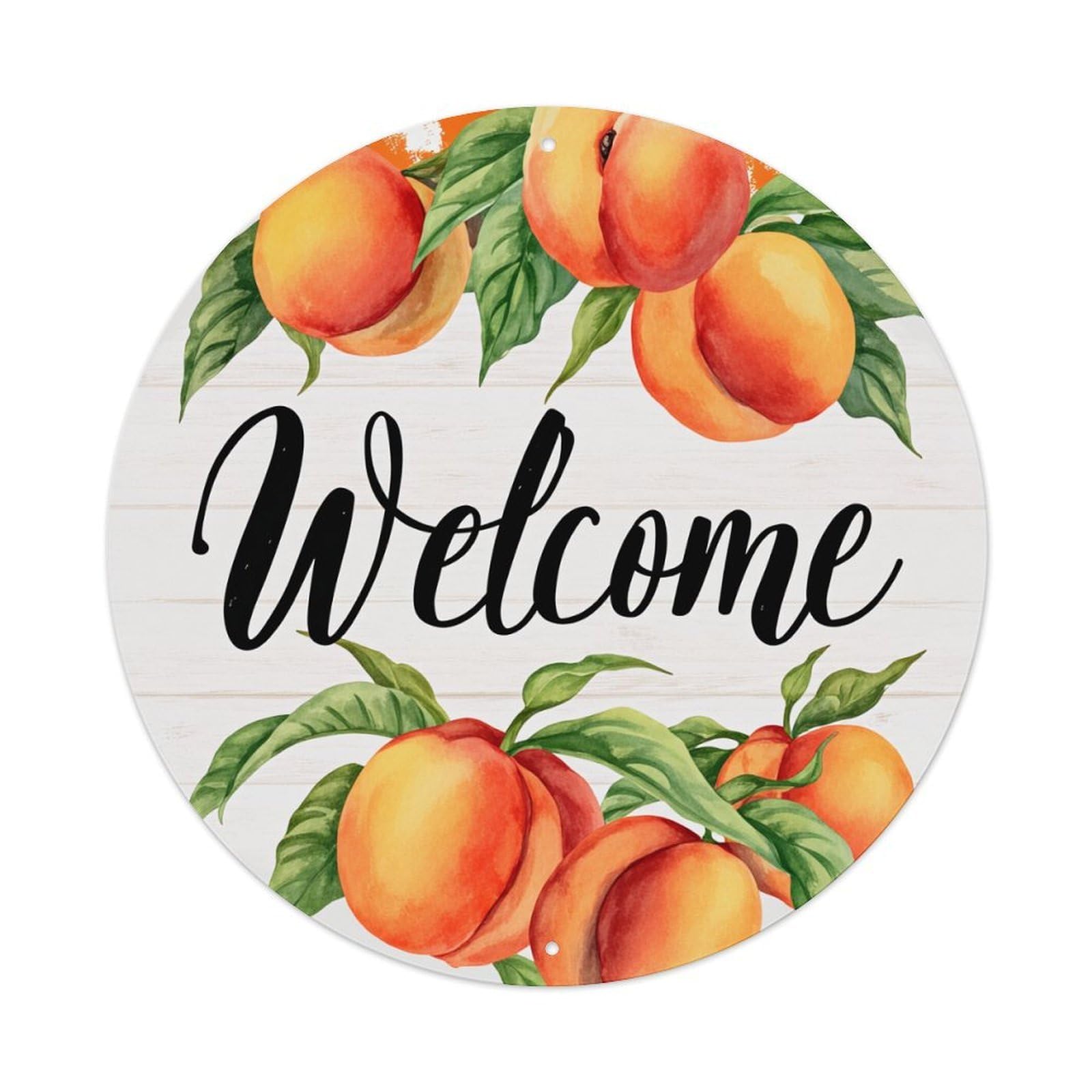Peaches Leaves Welcome Watercolor Art Retro Metal Sign Round Tin Sign, Vintage Decor Art Poster for Bar, Home, Man Cave, Kitchen, Laundry Room Gift 8x8Inch