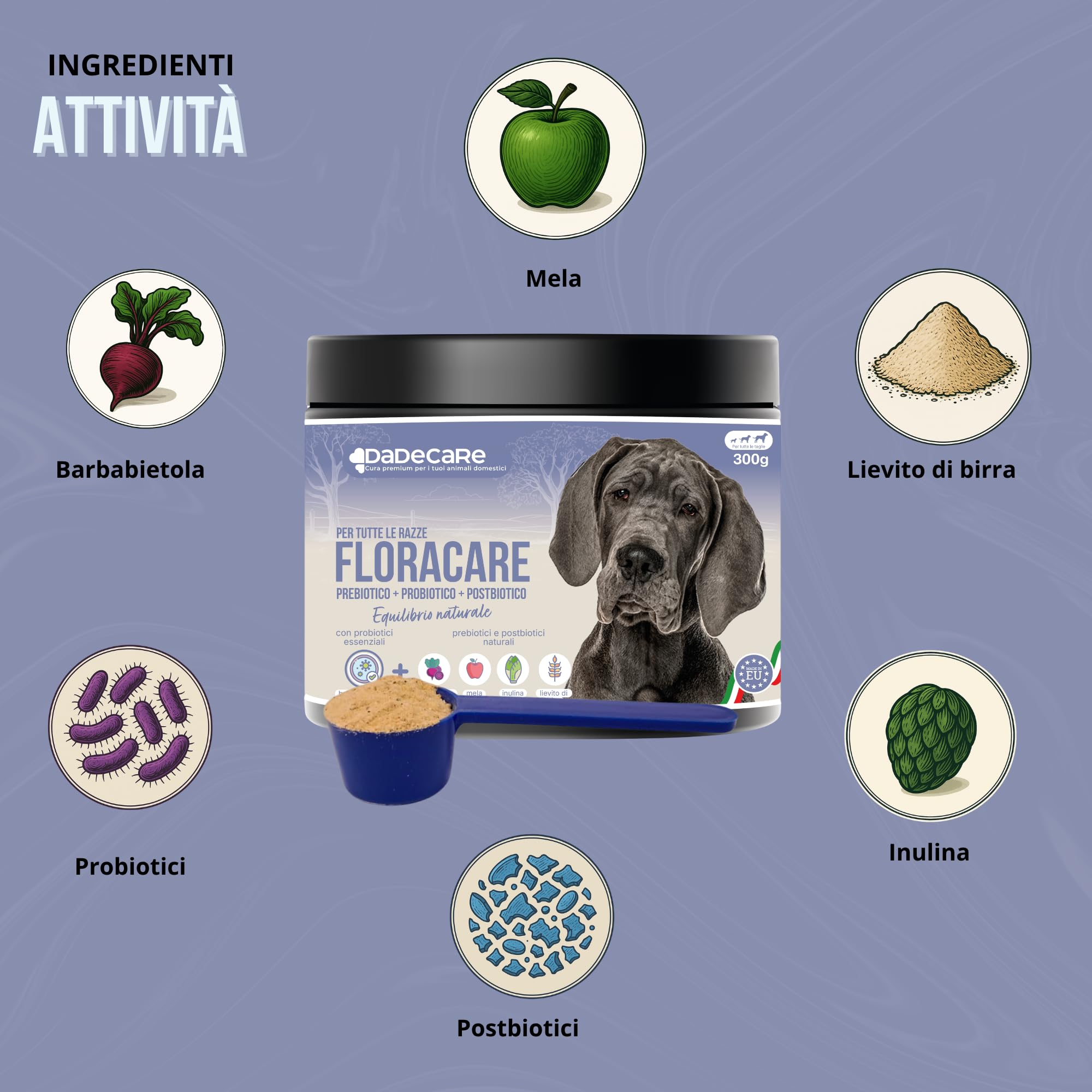 Floracare - Probiotici Cani in Polvere 300g - Ripara Flora Intestinale e Migliora Digestione - Riduce Diarree e Stress - Ideale dopo trattamenti o cambio di mangime con Prebiotici e Postbiotici