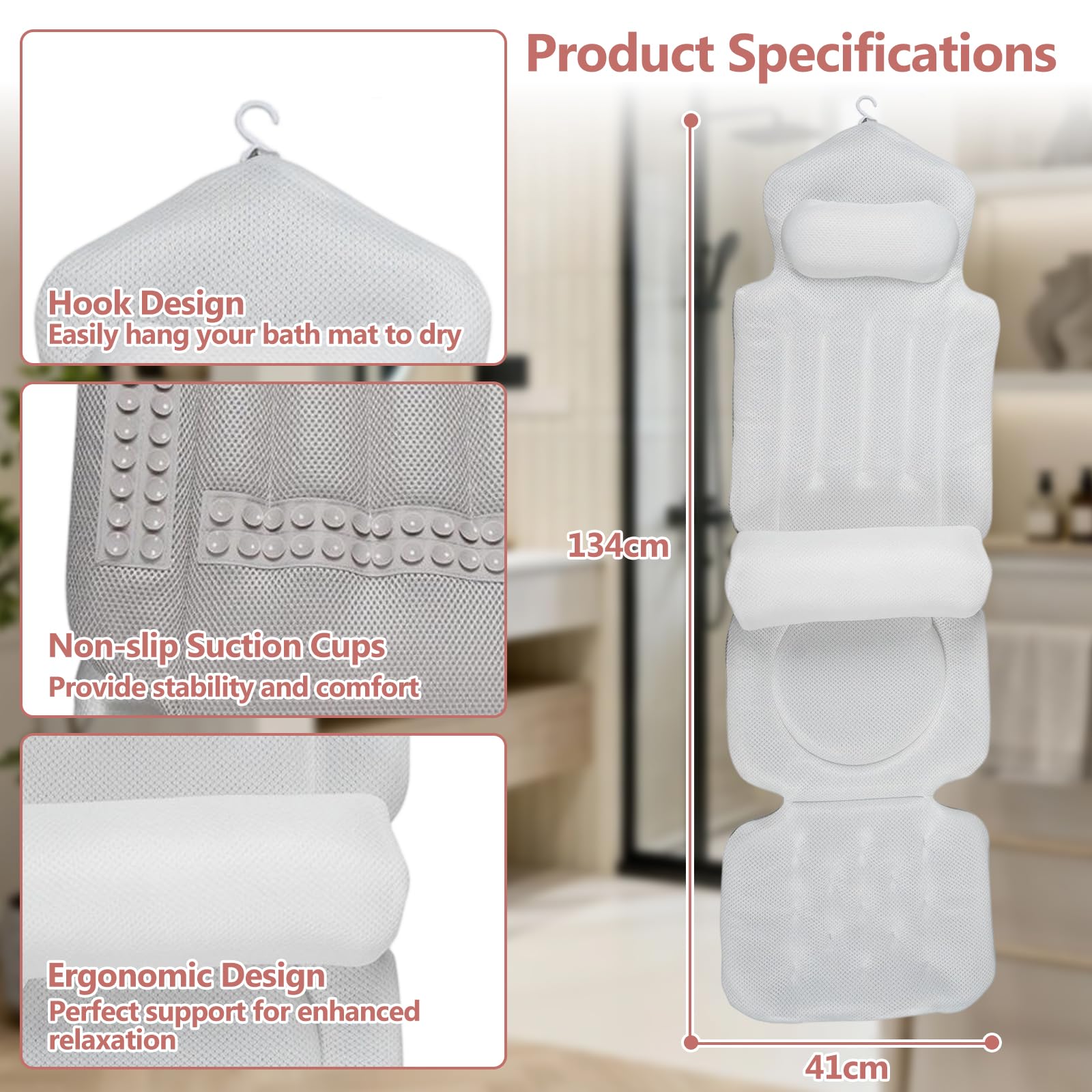 Cojín para Bañera de Cuerpo Entero 134x41cm, 4D Cojin Bañera con con reposacabezas para Cuello, Espalda y piernas, Almohada Bañera con Ventosas Antideslizante y Gancho, para en hoteles, baños de baño