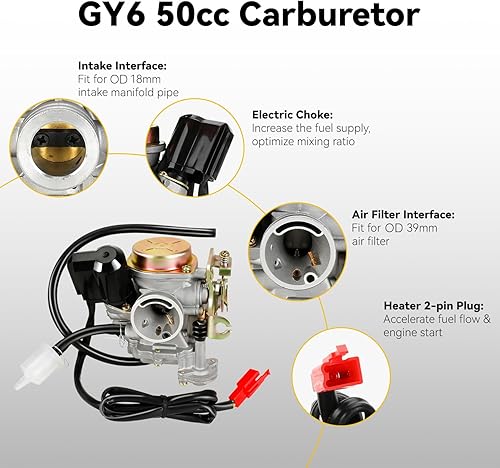 Miniatura 7 de HIAORS GY6 Carburador de 50 cc para Tao Tao 49cc Scooter VIP Pony Thunder PD18J Carb Jonway Roketa Sunl Vitacci Icebear Lance Kymco Baja SC50 139QMB