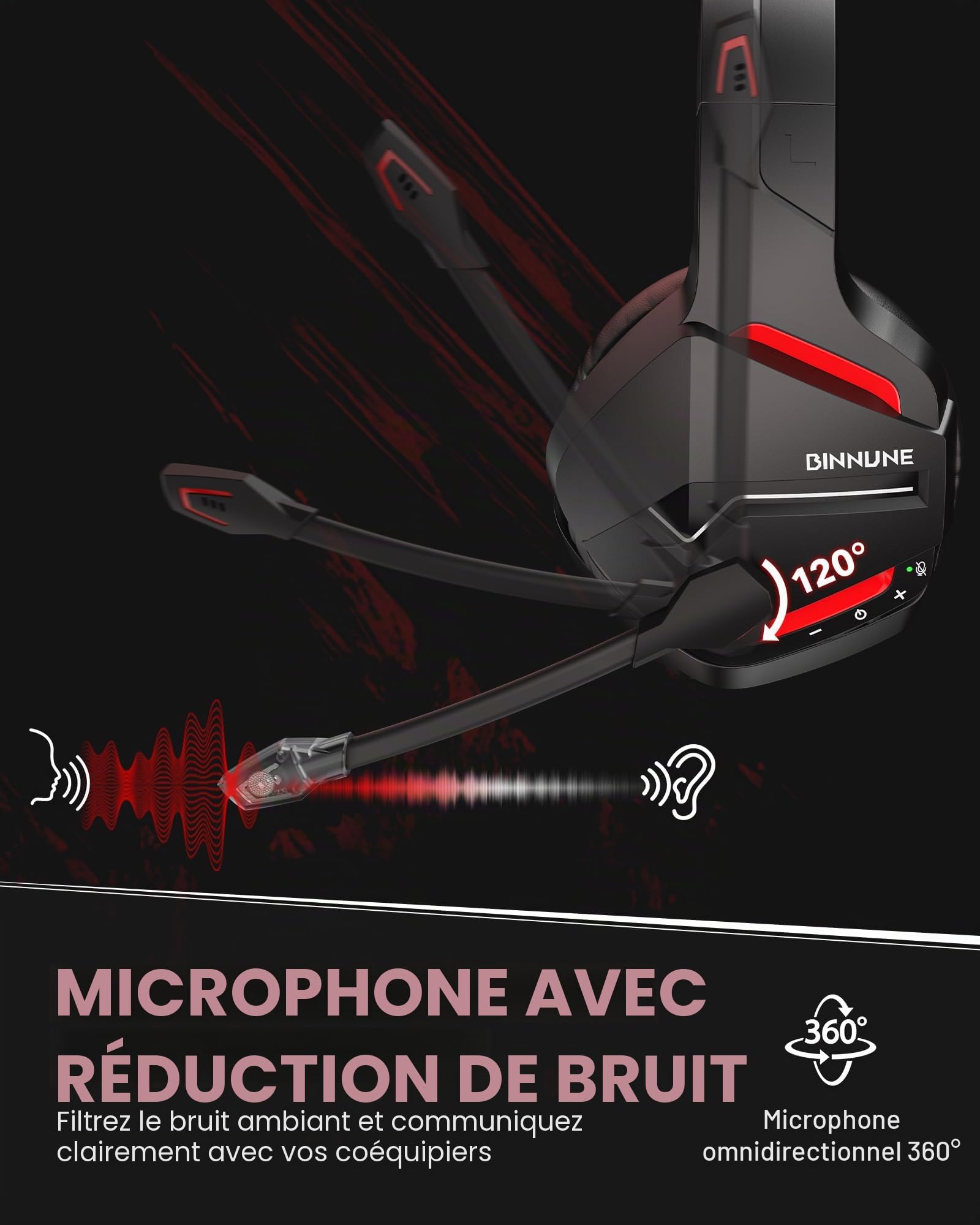 BINNUNE Casque de Jeu sans Fil avec 2,4 GHz pour PS5, PS4, PC, NS, Joueurs FPS, 120 Heures + Bluetooth 5.3 Casque de Jeu avec Microphone Antibruit, Casque de 50 mm pour Ordinateur Portable - Rouge